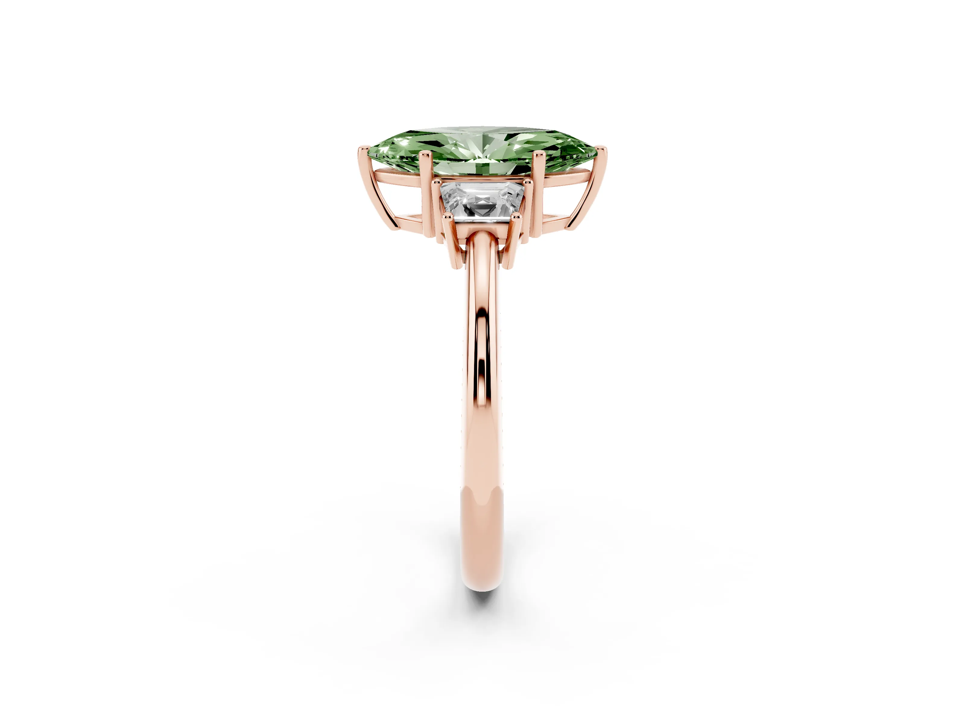 Fancy Green Marquise Cut Diamond Three-Stone Ring Set in Rose gold with Trapezoid Side Stones and Prong Setting