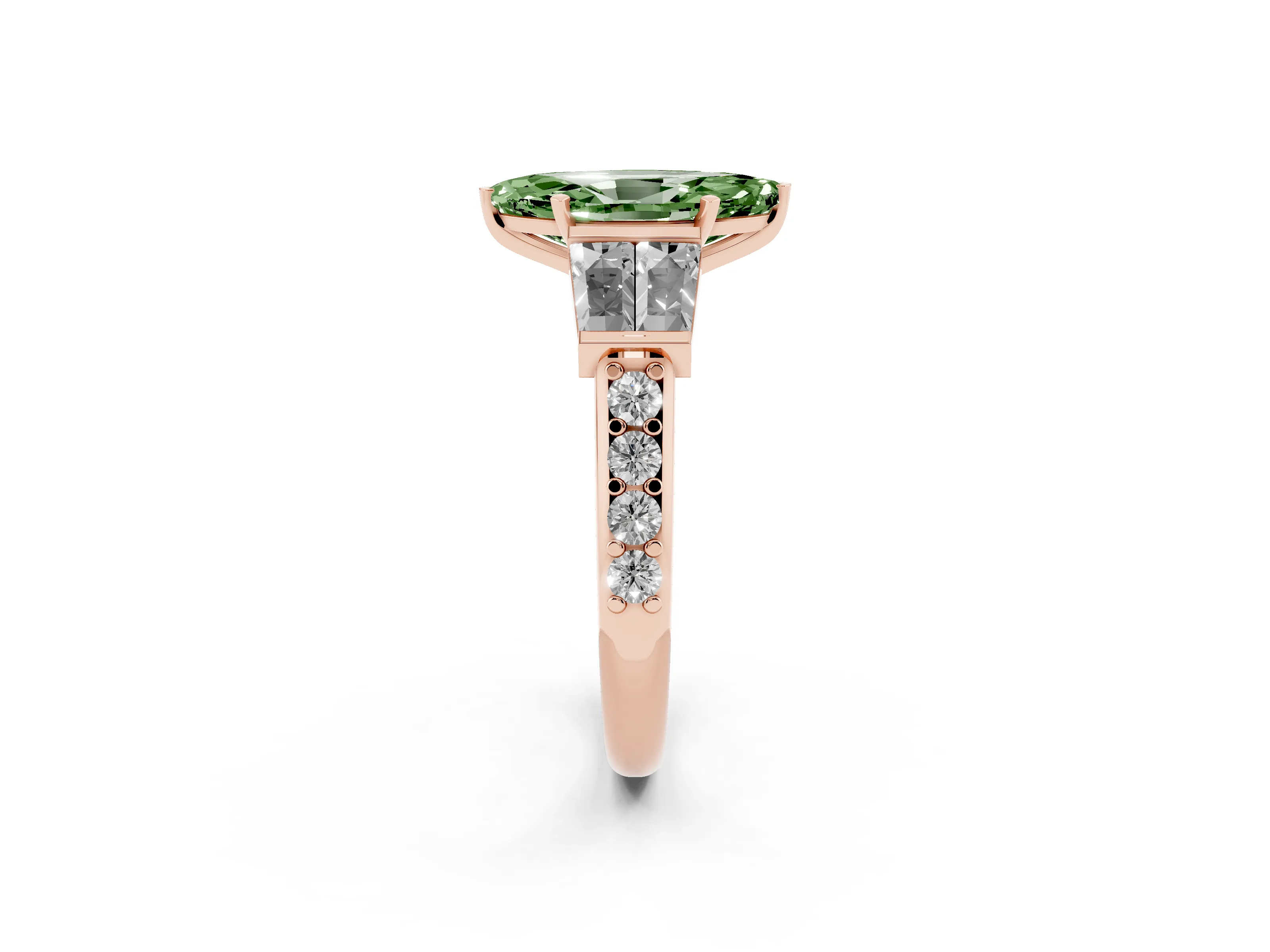 Fancy Green Marquise Cut Diamond Engagement Ring Set in Rose gold with Baguette Side Stones and Channel Set Band