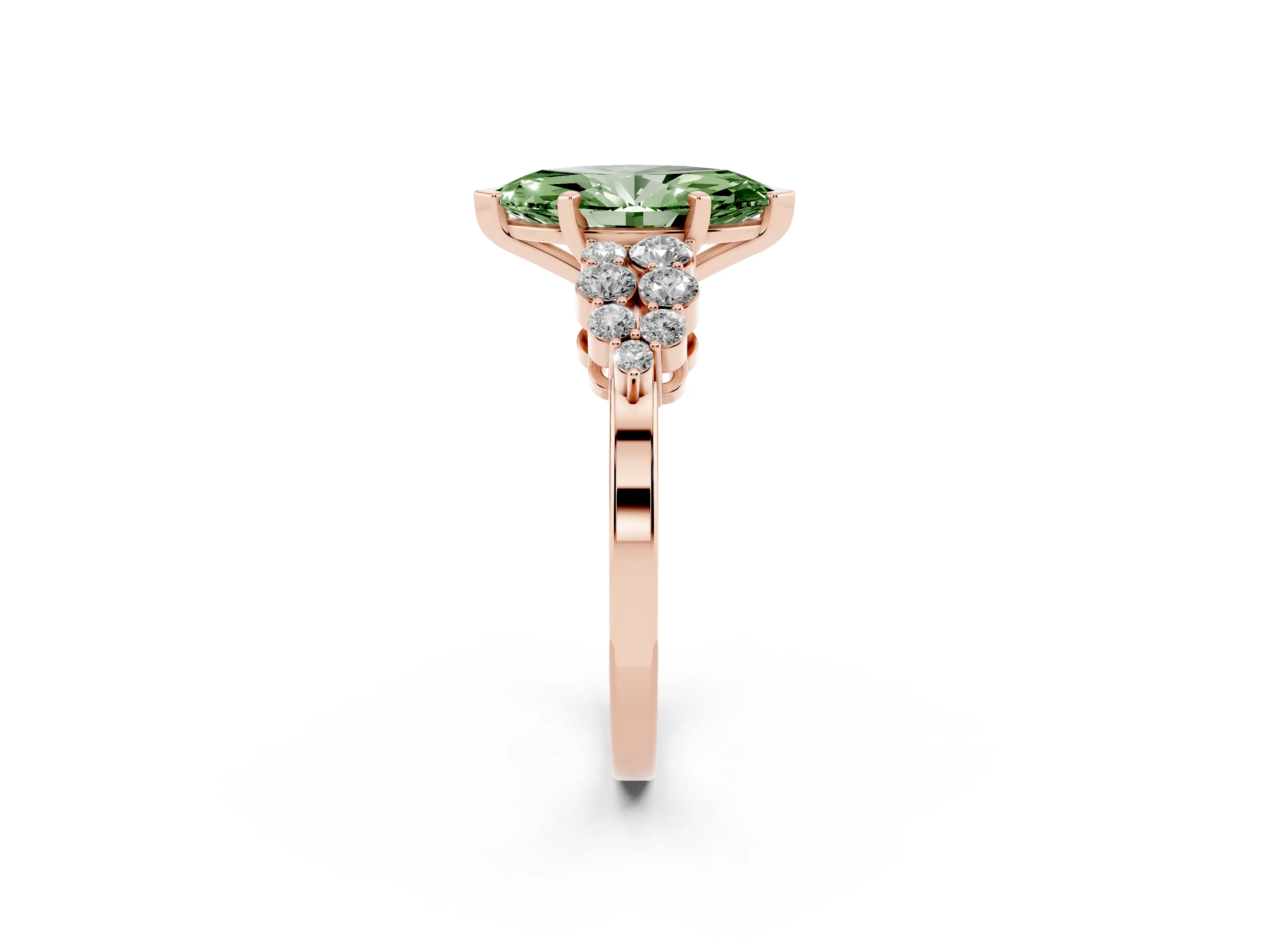 Fancy Green Marquise Cut Diamond Cluster Engagement Ring Set in Rose gold with Pavé Band and Prong Setting