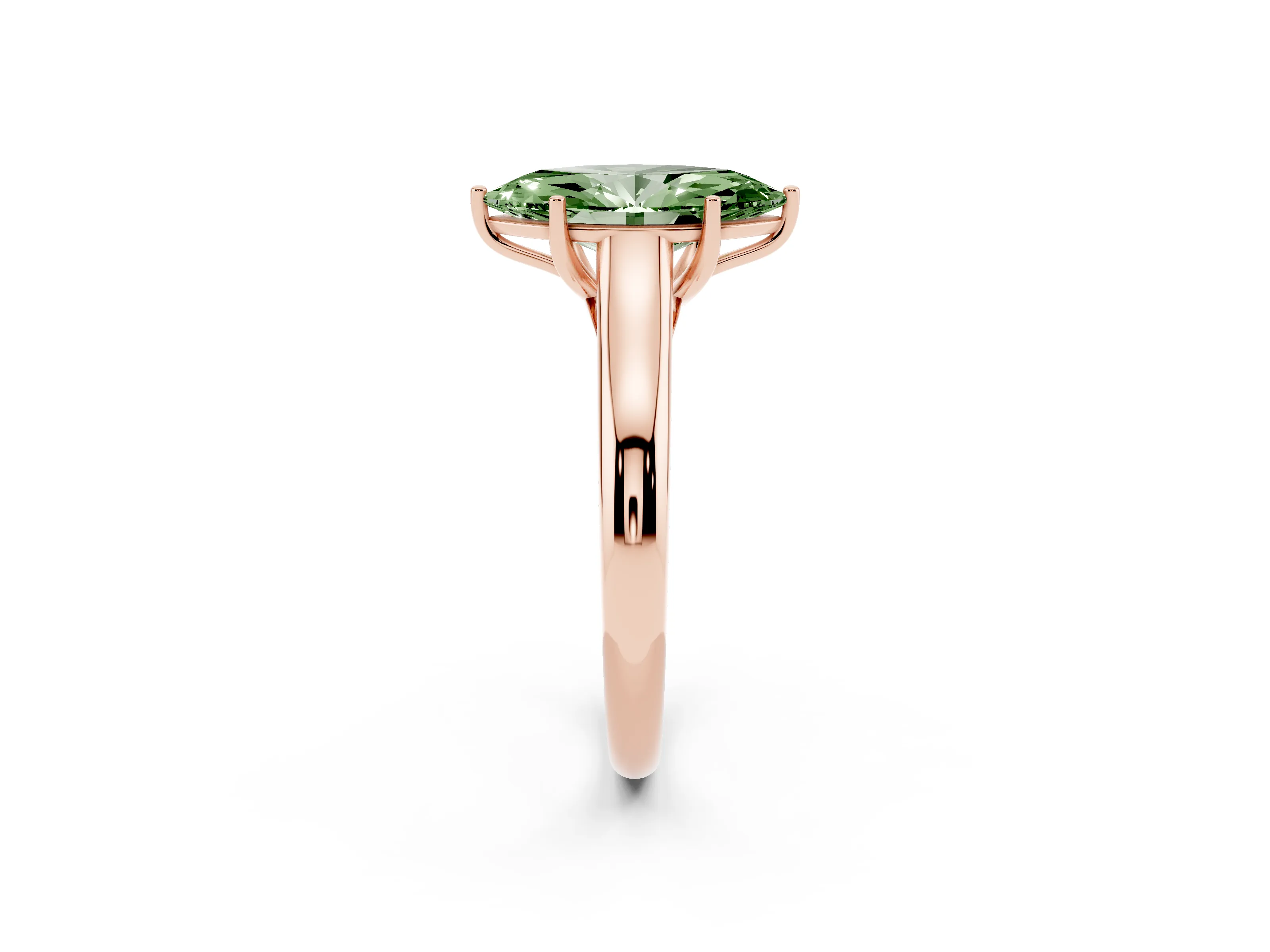 Fancy Green Marquise Cut Diamond Solitaire Engagement Ring Set in Rose gold with Subtly Tapered Band and Prong Setting