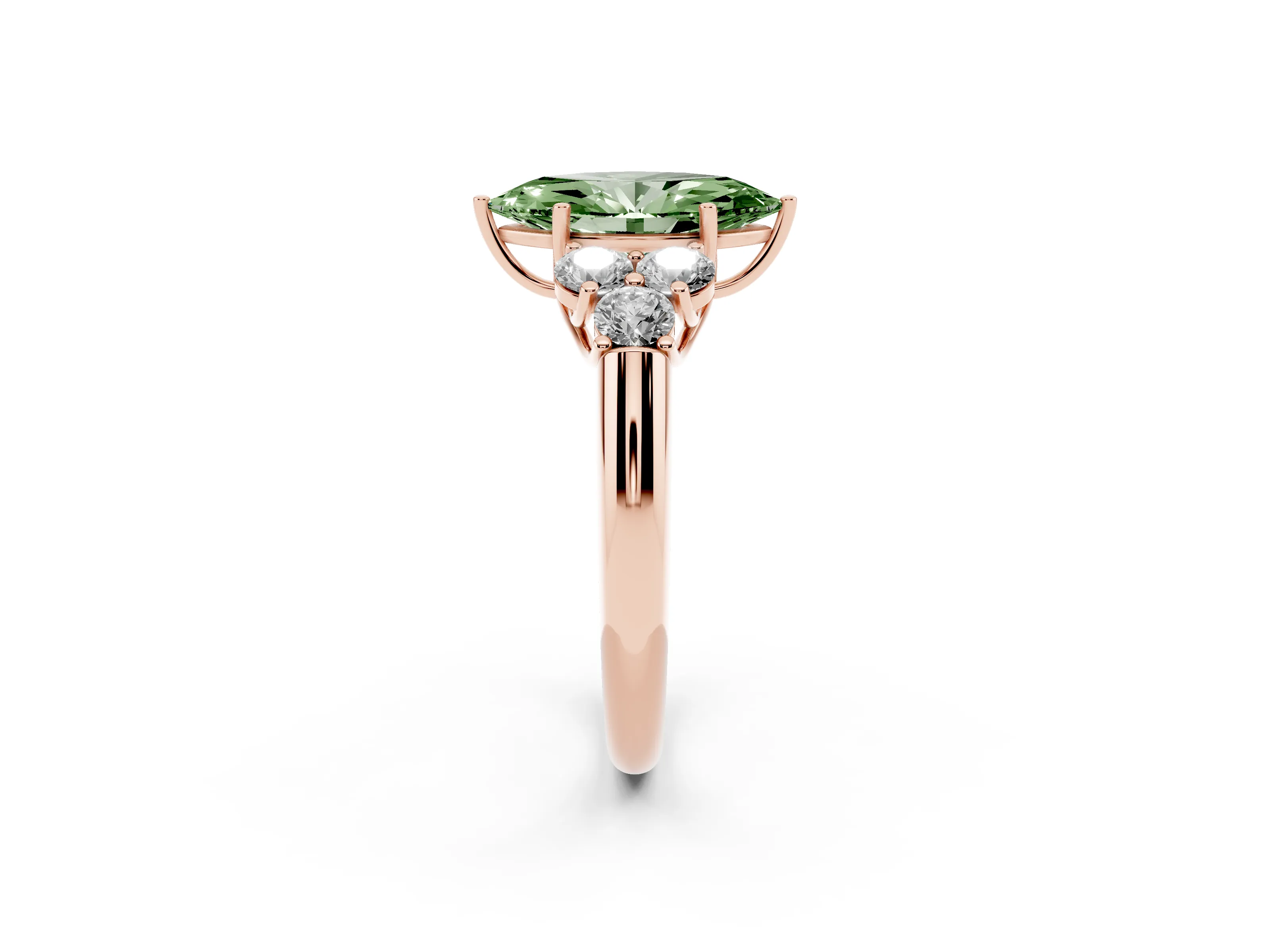 Fancy Green Marquise Cut Diamond Cluster Ring Set in Rose gold with Round Accent Stones and Prong Setting on a Plain Band