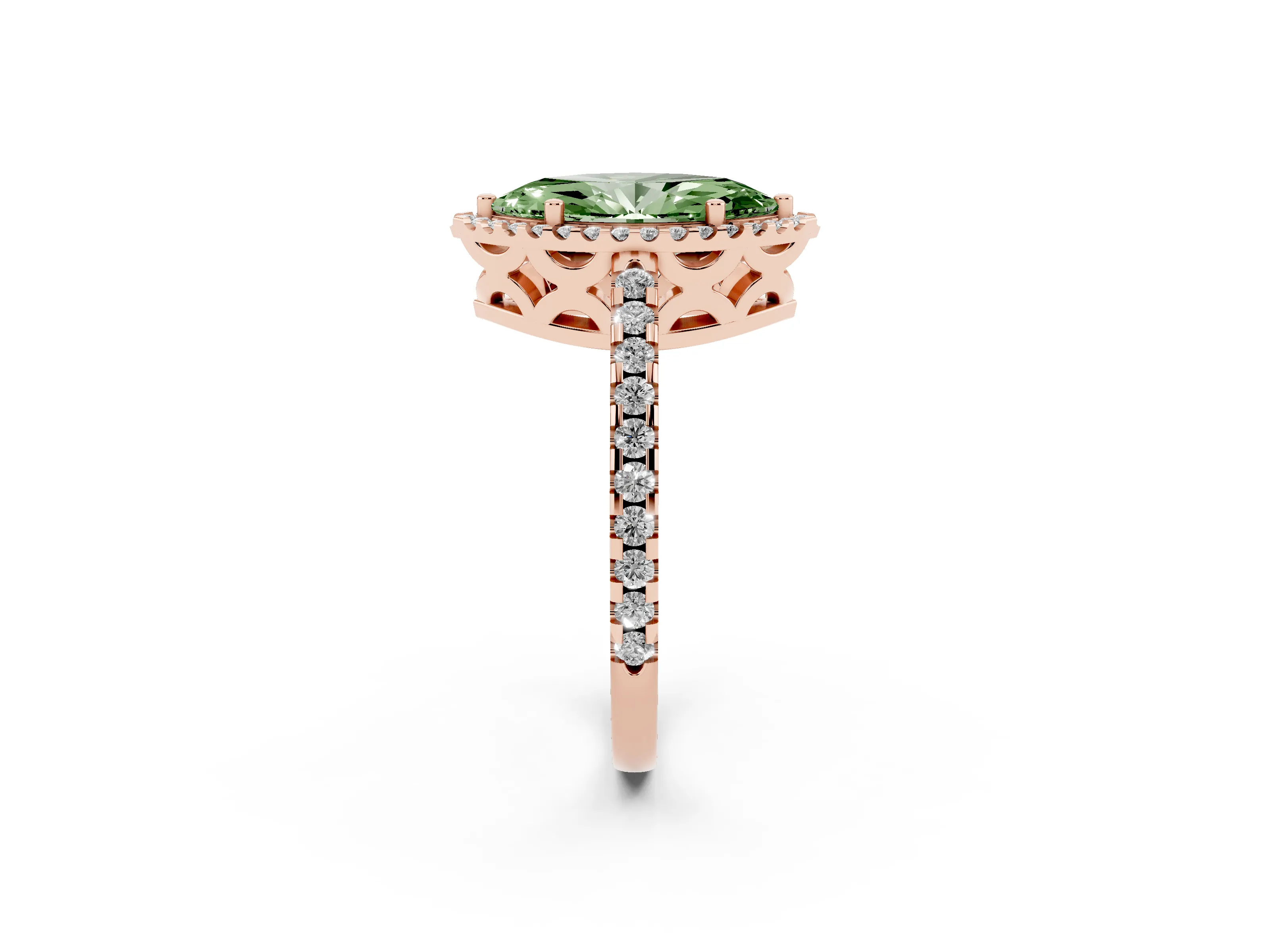 Fancy Green Marquise Cut Diamond Halo Ring Set in Rose gold with Pavé Shoulders and Halo-Framed Center