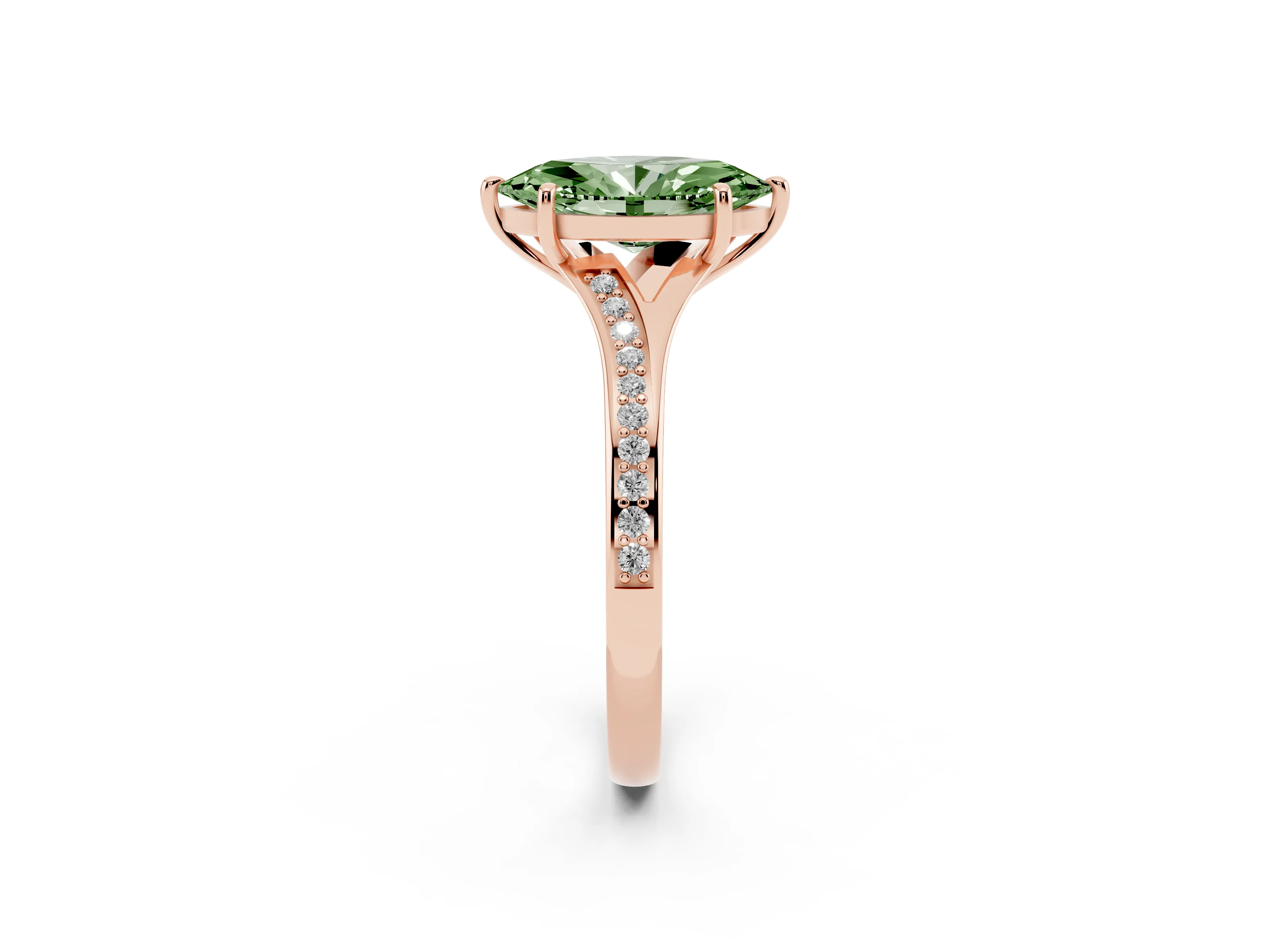 Fancy Green Marquise Cut Diamond Solitaire Ring Set in Rose gold with Pavé Accent Band and Classic Prong Setting