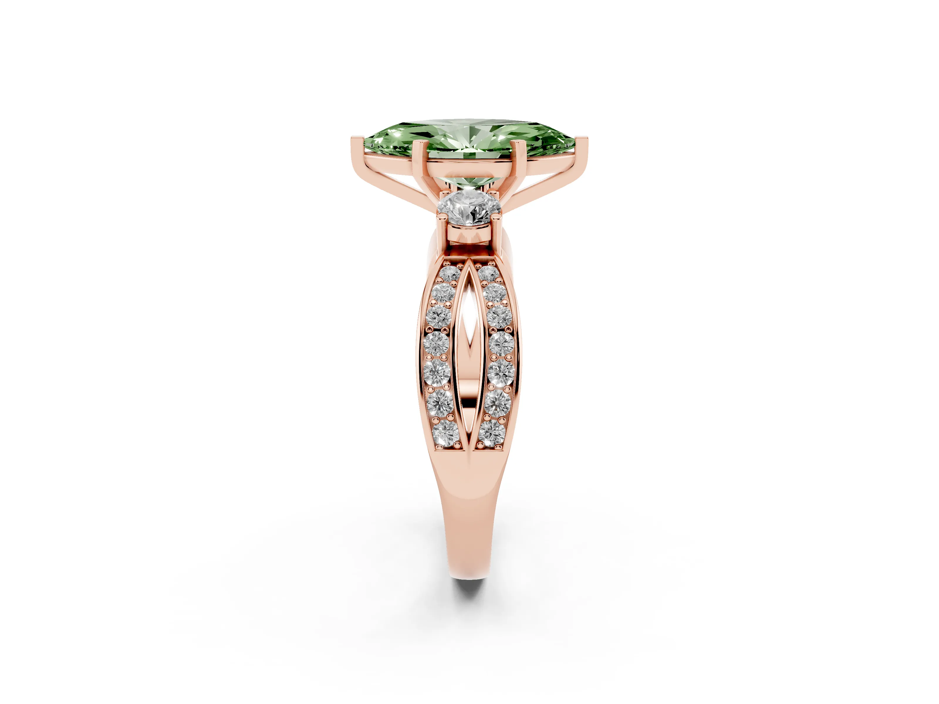 Fancy Green Three-Stone Marquise Cut Diamond Twist Band Ring Set in Rose gold with Pavé Accents and Prong Setting