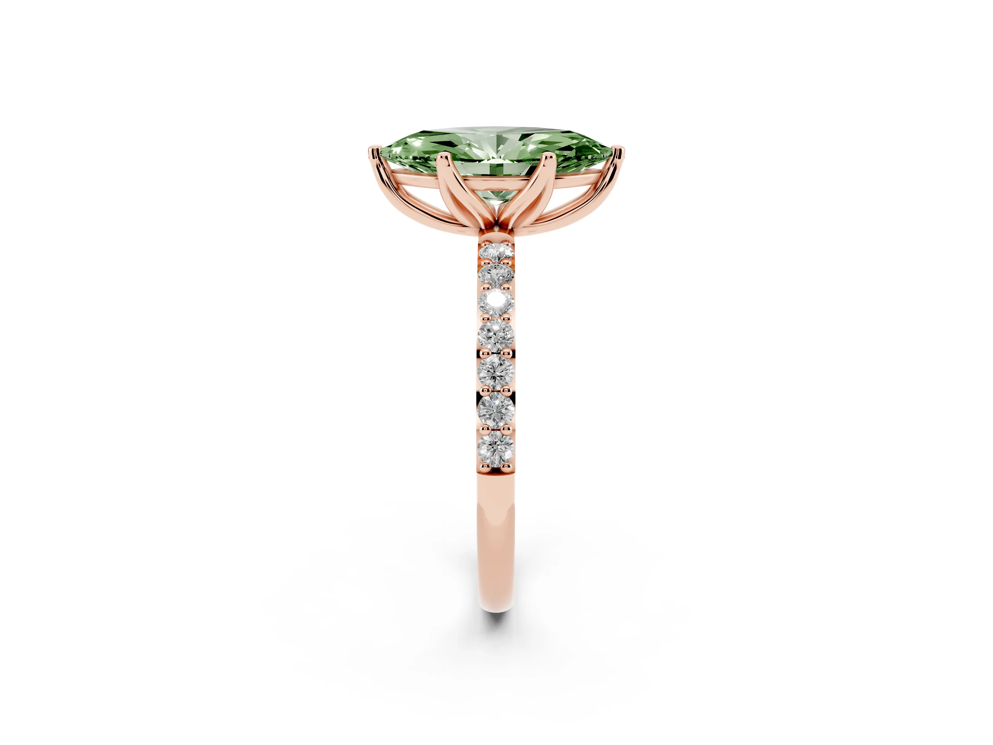 Fancy Green Marquise Cut Diamond Solitaire Engagement Ring Set in Rose gold with Round Pavé Band and Prong Setting