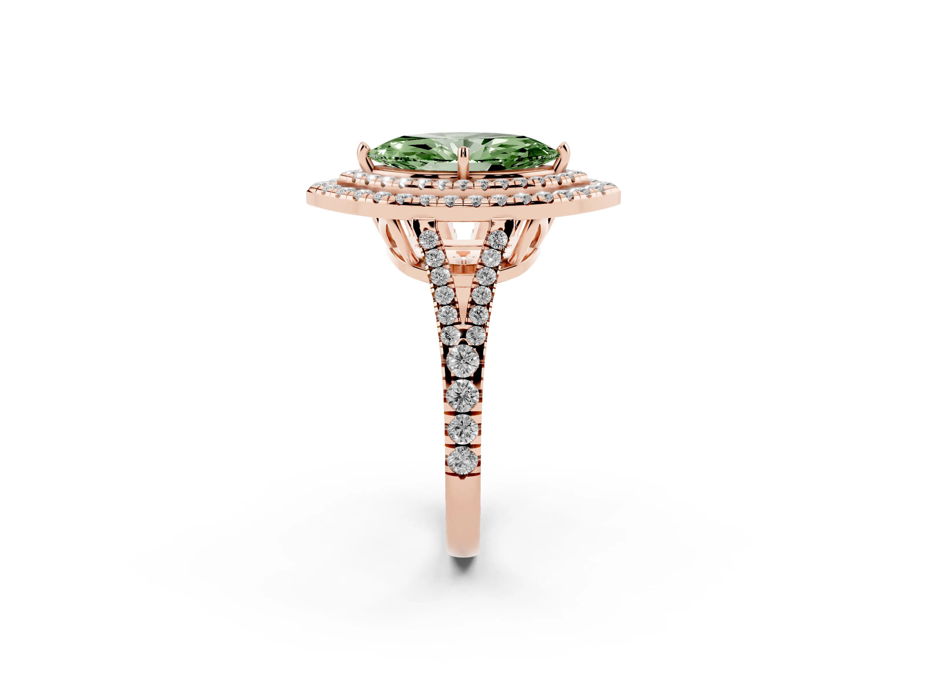 Fancy Green Marquise Cut Diamond Double Halo Ring Set in Rose gold with Pavé Band