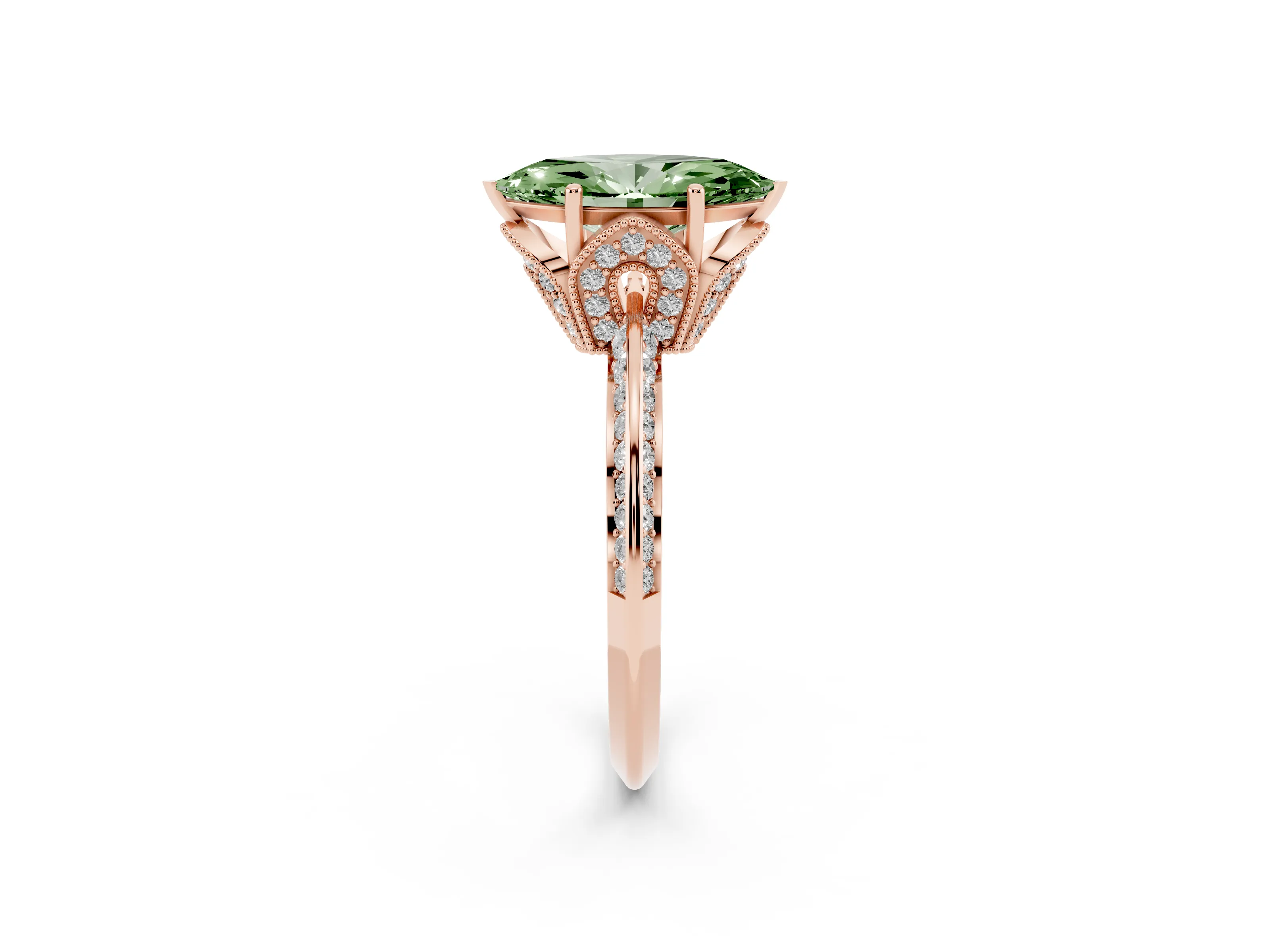Fancy Green Marquise Cut Diamond Solitaire Engagement Ring Set in Rose gold with Pavé Split Shank and Prong Setting