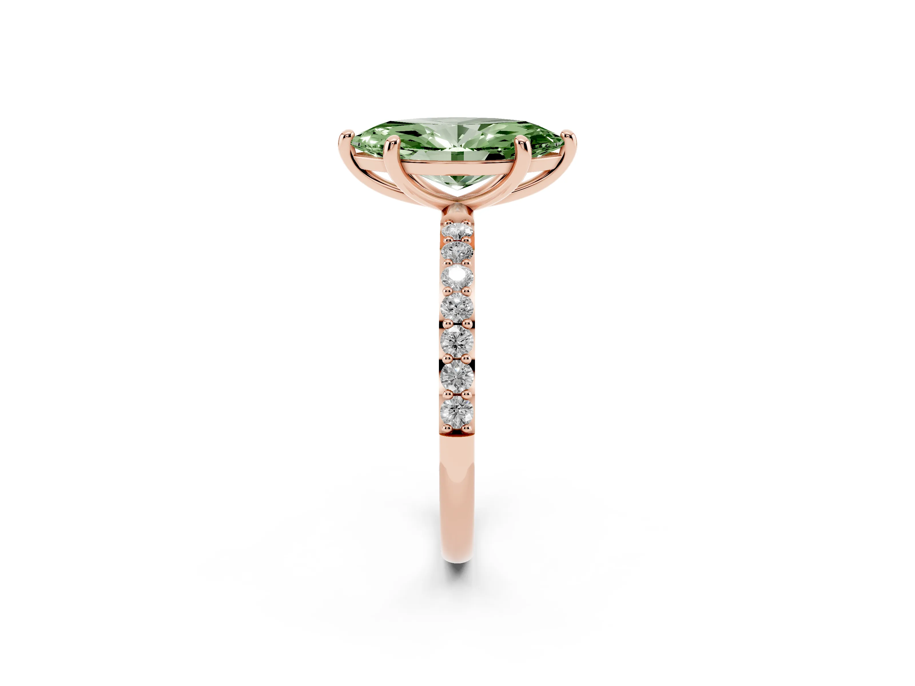 Fancy Green Marquise Cut Diamond Solitaire Ring Set in Rose gold with Round Pavé Band and Prong Setting