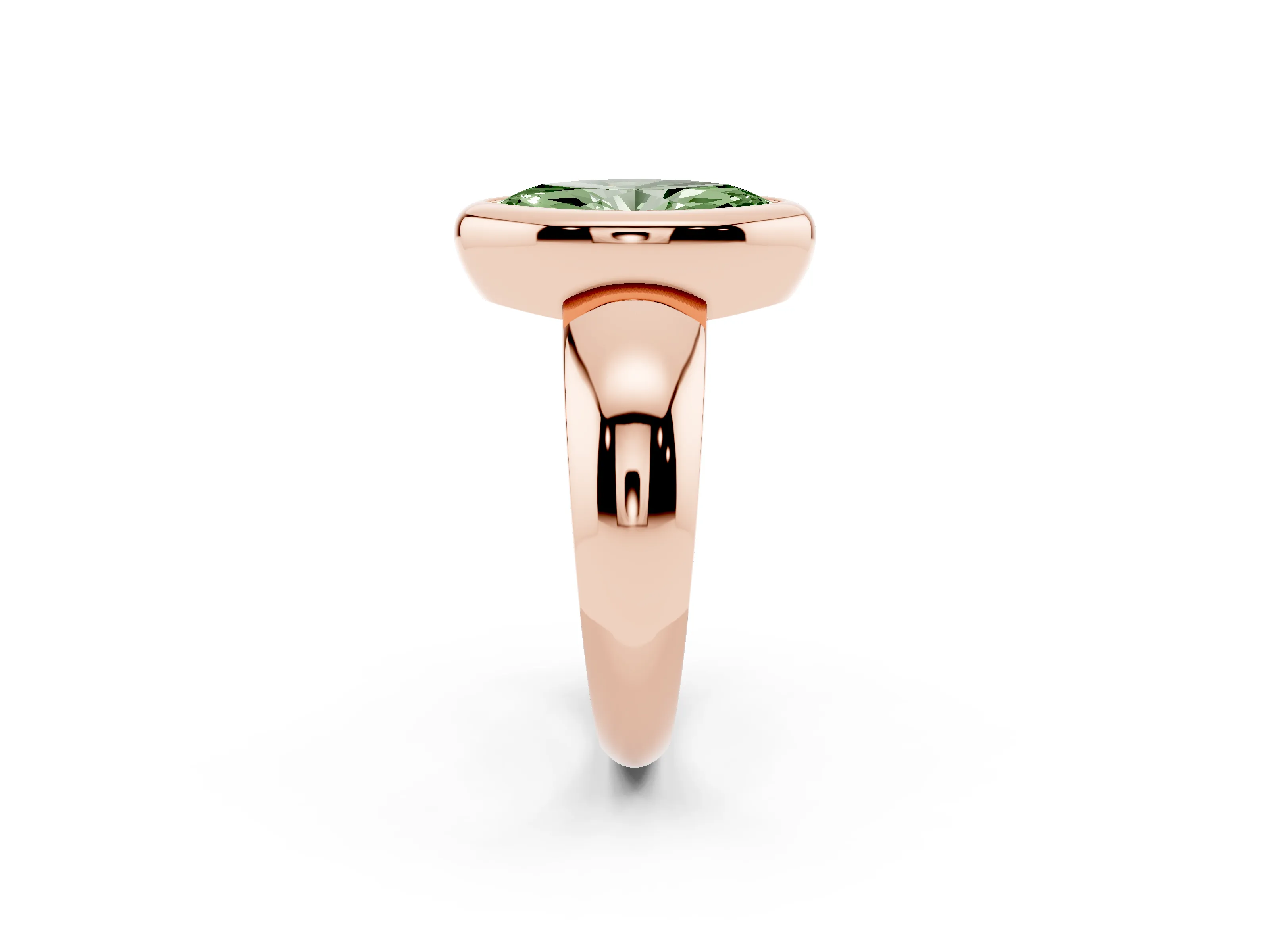 Fancy Green Bezel Set Marquise Cut Diamond Solitaire Ring Set in Rose gold with Wide Band