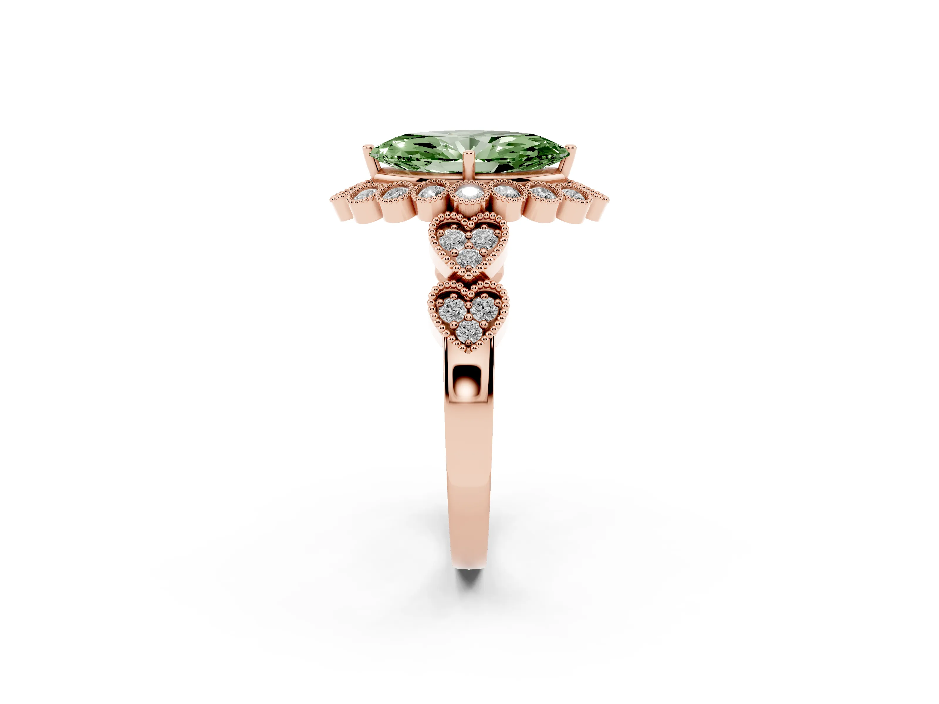 Fancy Green Marquise Cut Diamond Solitaire Ring Set in Rose gold with Milgrain Pavé Heart Band