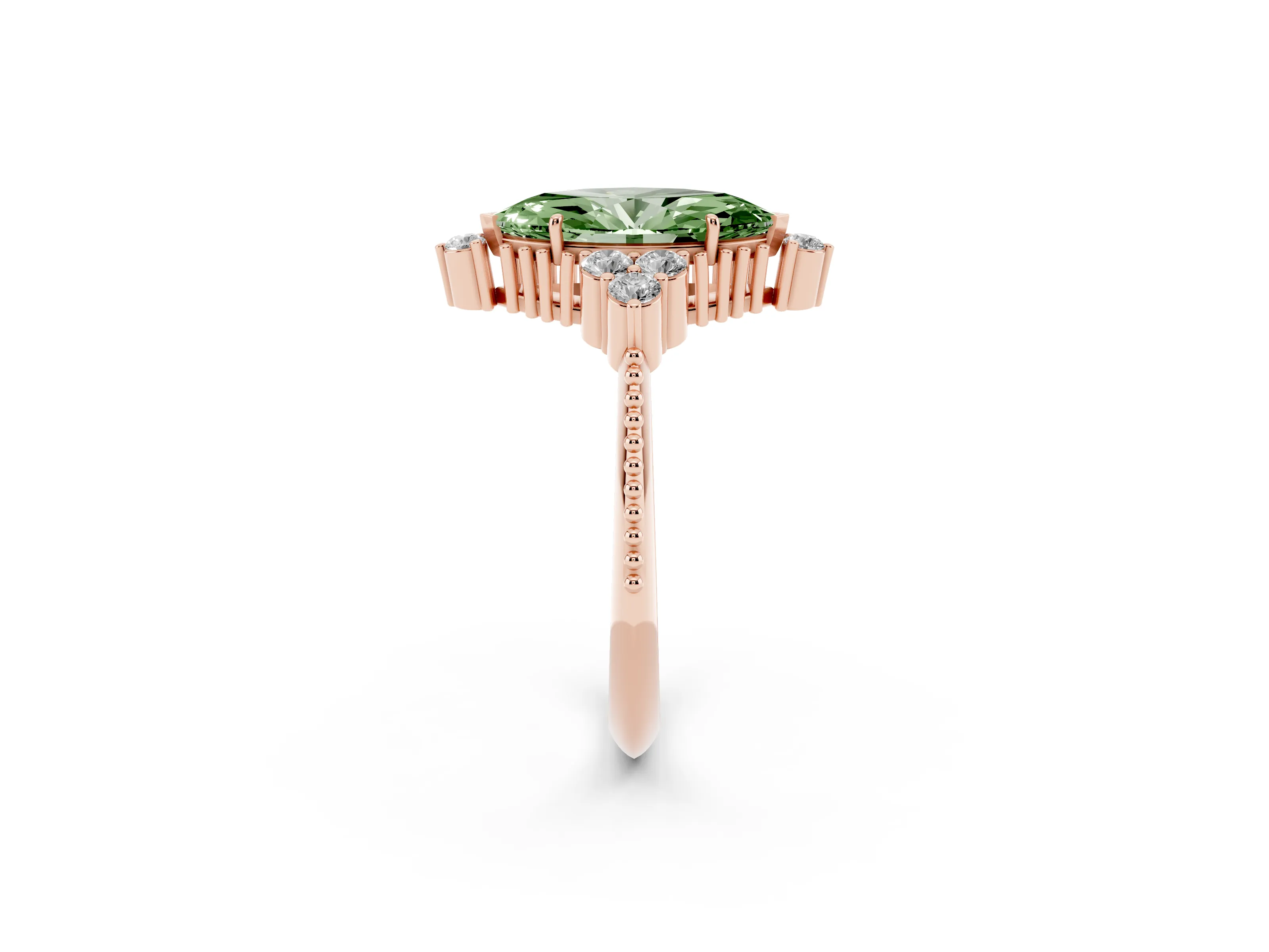 Fancy Green Marquise Cut Diamond Cluster Ring Set in Rose gold with Beaded Band