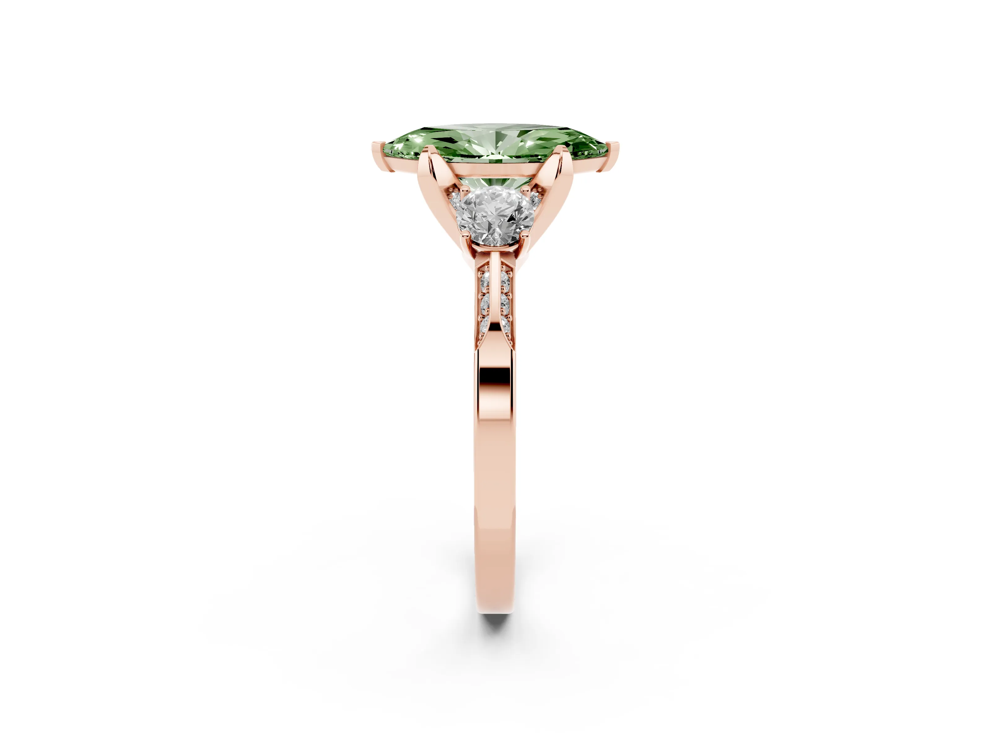 Fancy Green Marquise Cut Diamond Three-Stone Ring Set in Rose gold with Pavé Band and Smaller Side Stones