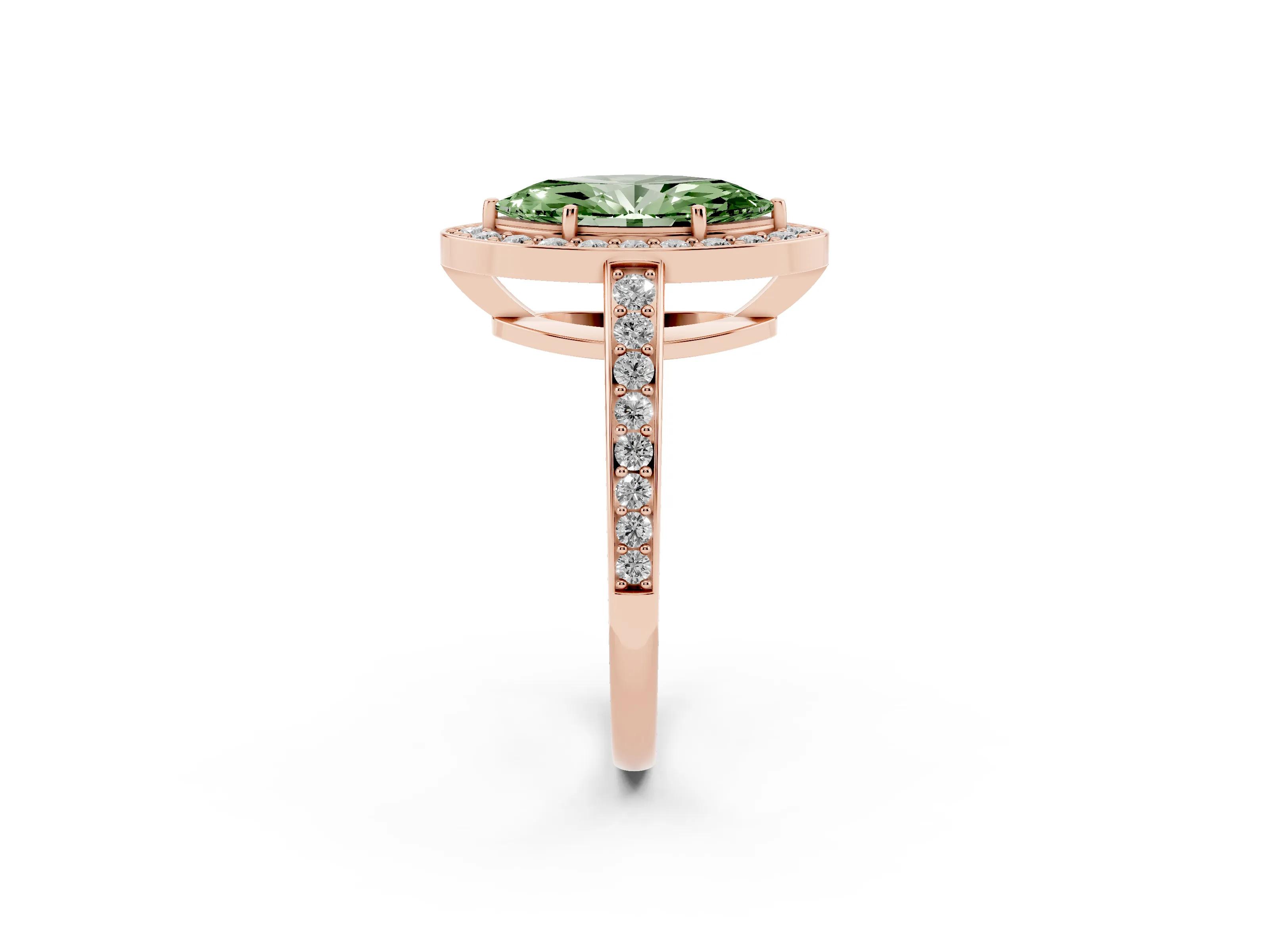 Fancy Green Marquise Cut Diamond Halo Pavé Engagement Ring Set in Rose gold with Bezel Setting