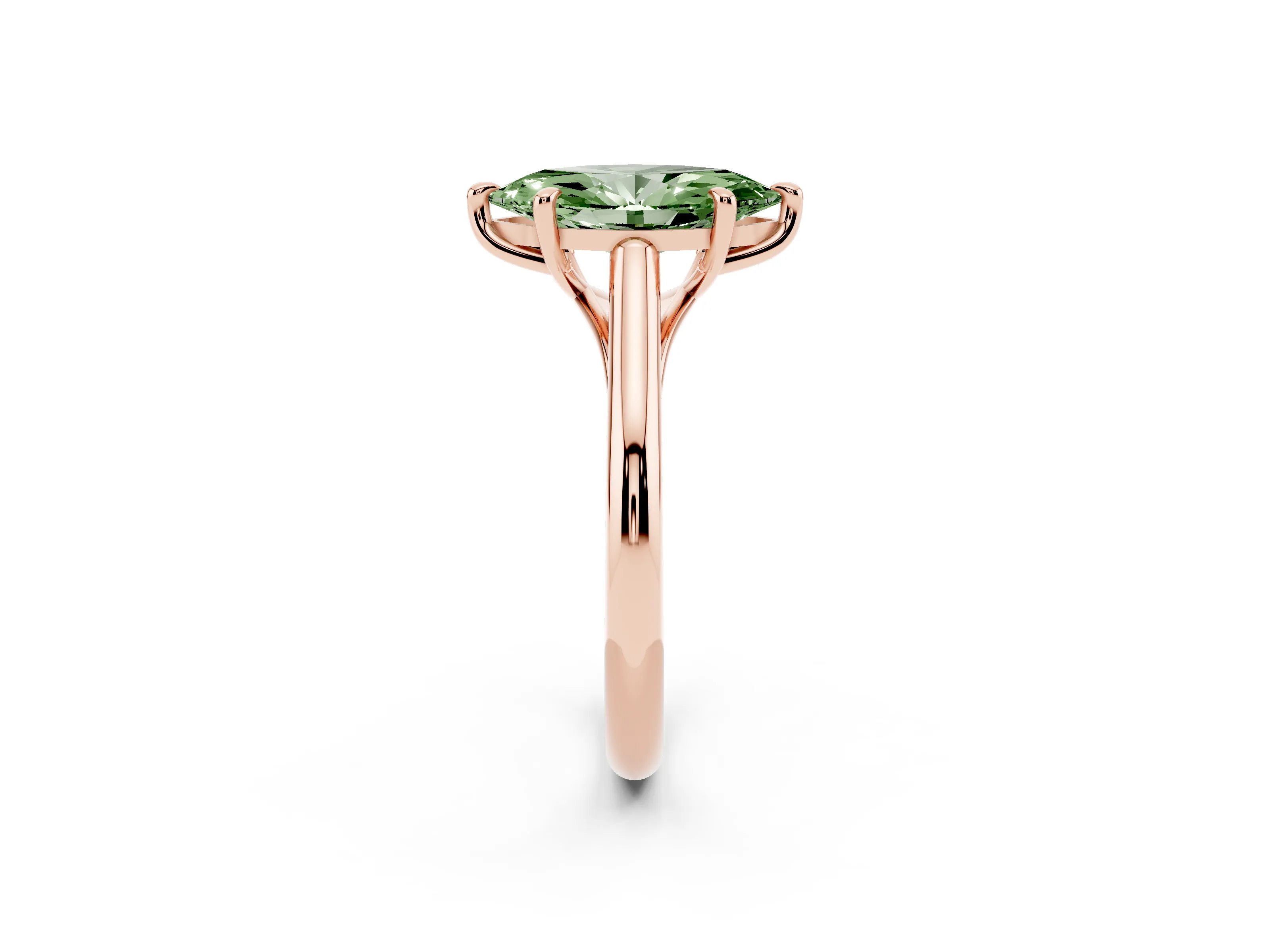 Fancy Green Marquise Cut Diamond Solitaire Engagement Ring Set in Rose gold with Prong Setting and Plain Classic Band