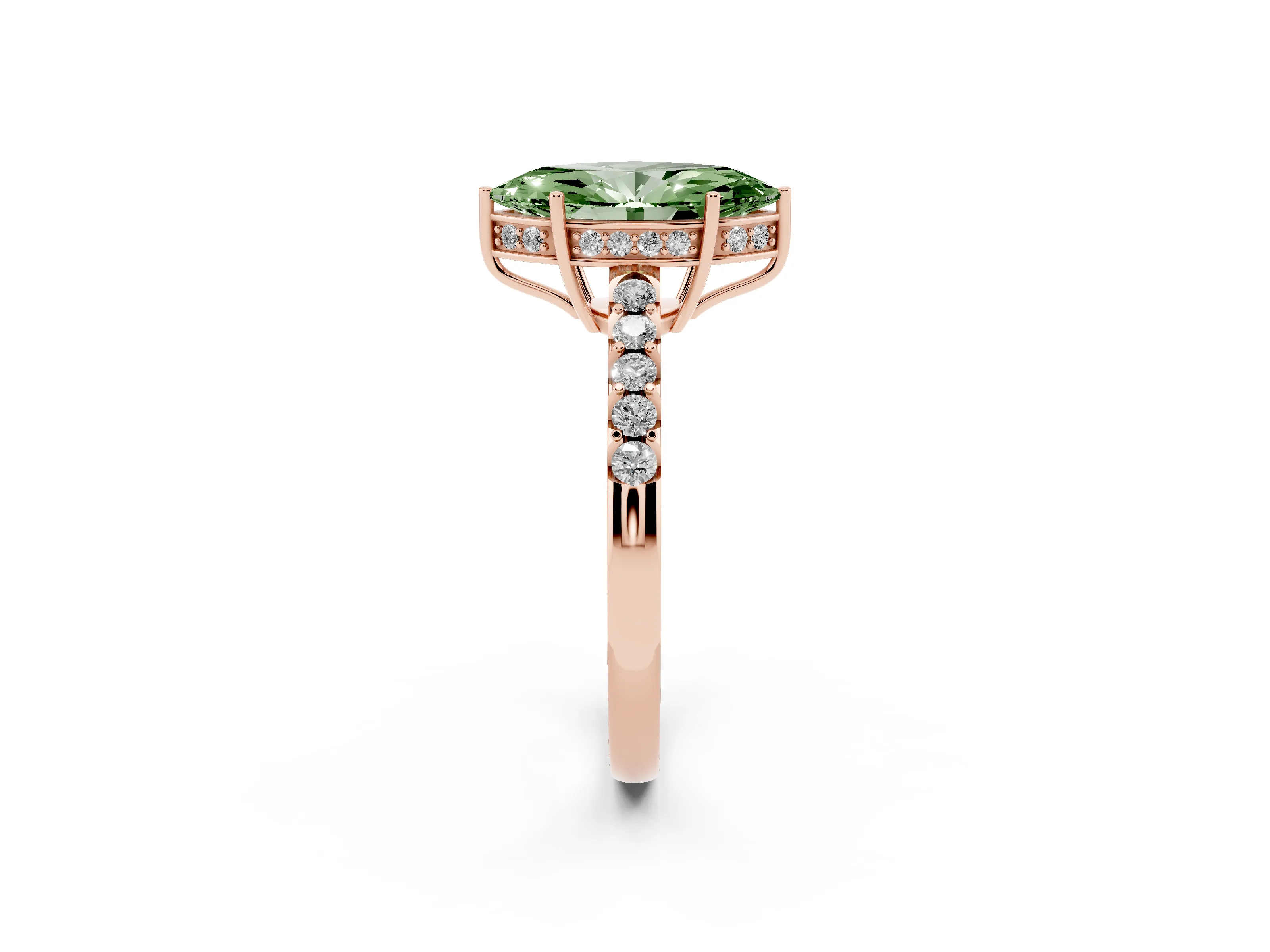 Fancy Green Marquise Cut Diamond Solitaire Engagement Ring Set in Rose gold with Pavé Band and Prong Setting