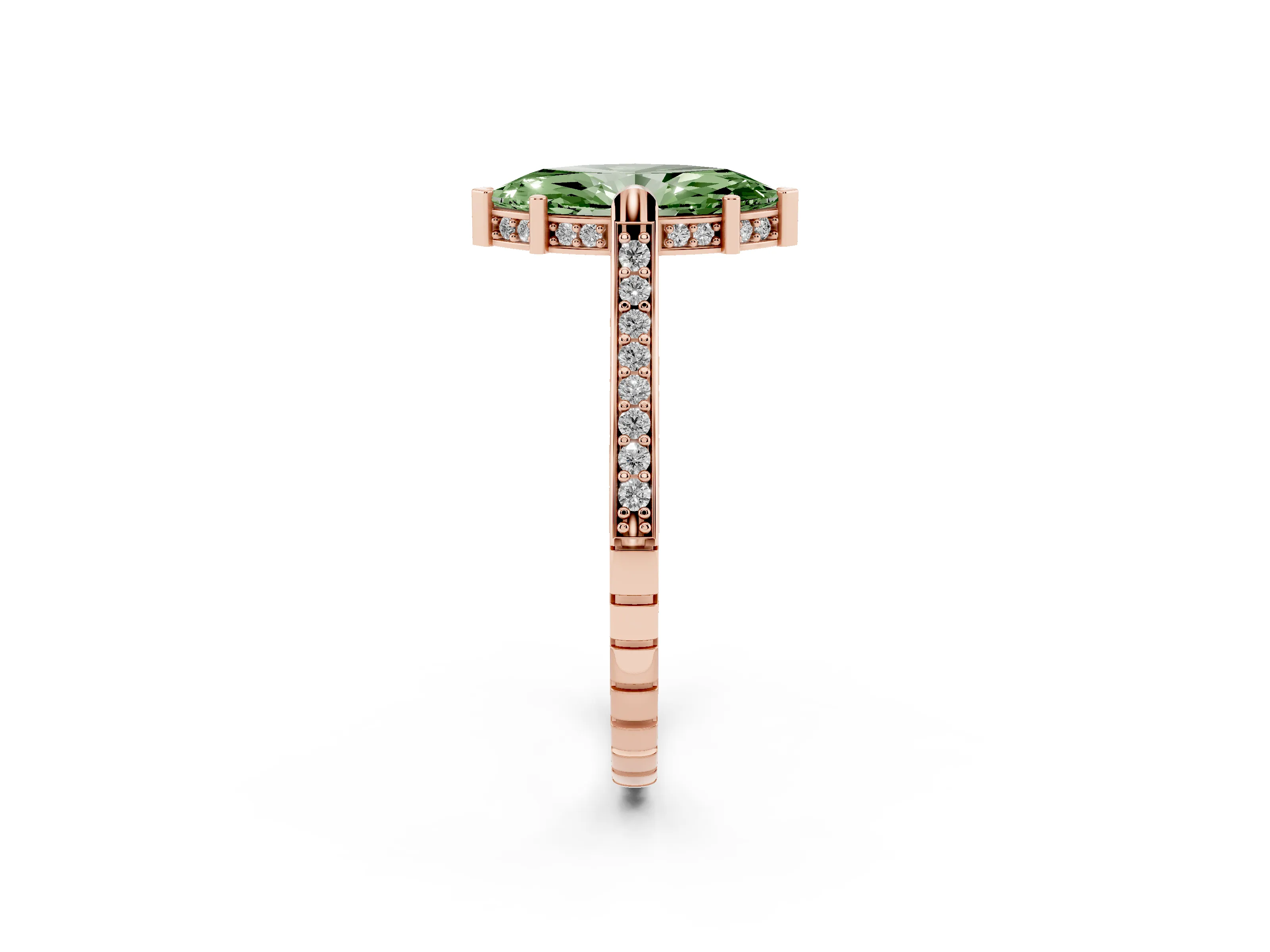 Fancy Green Marquise Cut Diamond Solitaire Ring Set in Rose gold with Channel Set Band and Bezel Prong Setting
