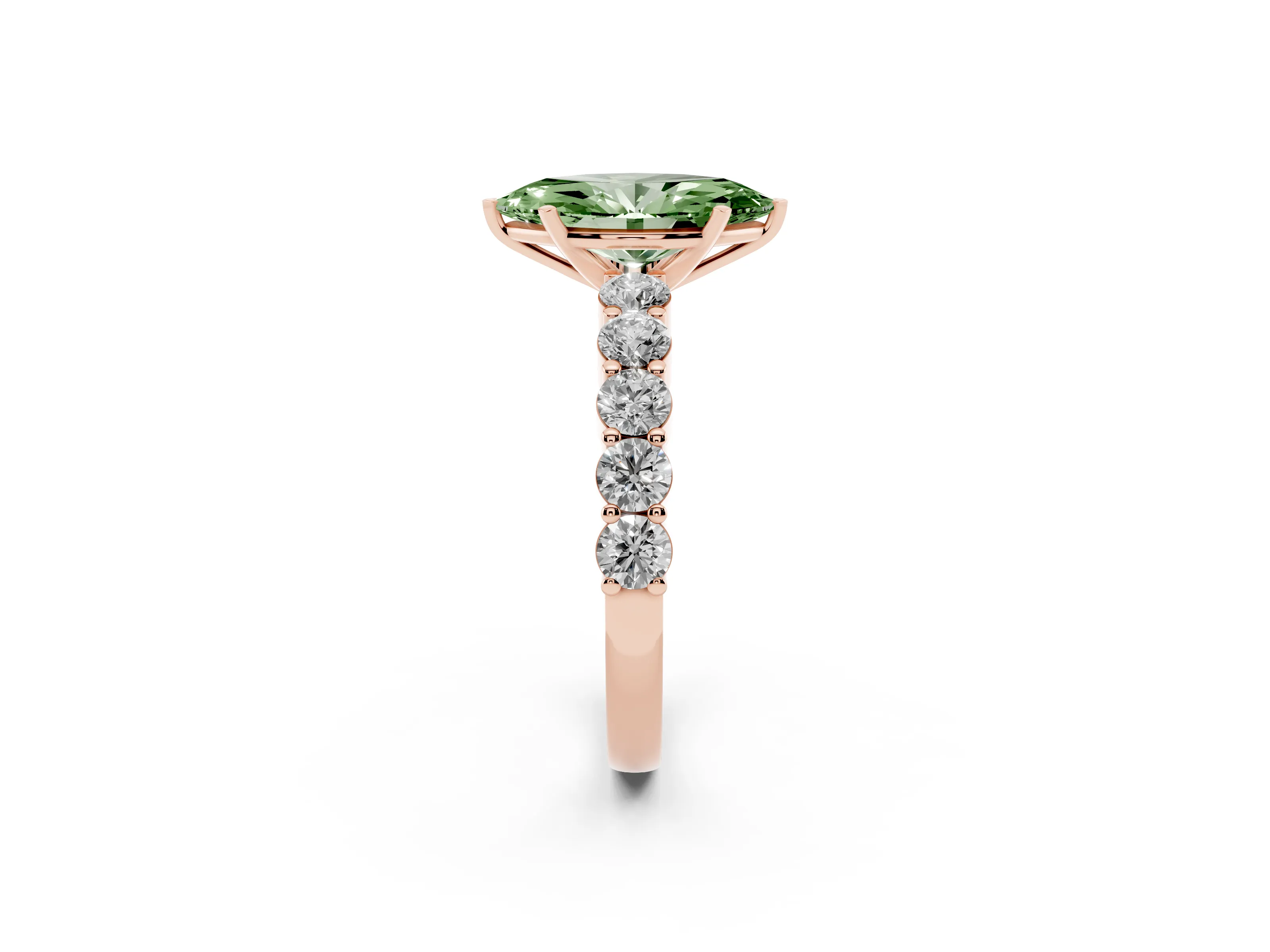Fancy Green Marquise Cut Diamond Solitaire Ring Set in Rose gold with Shared Prong Round Side Stones