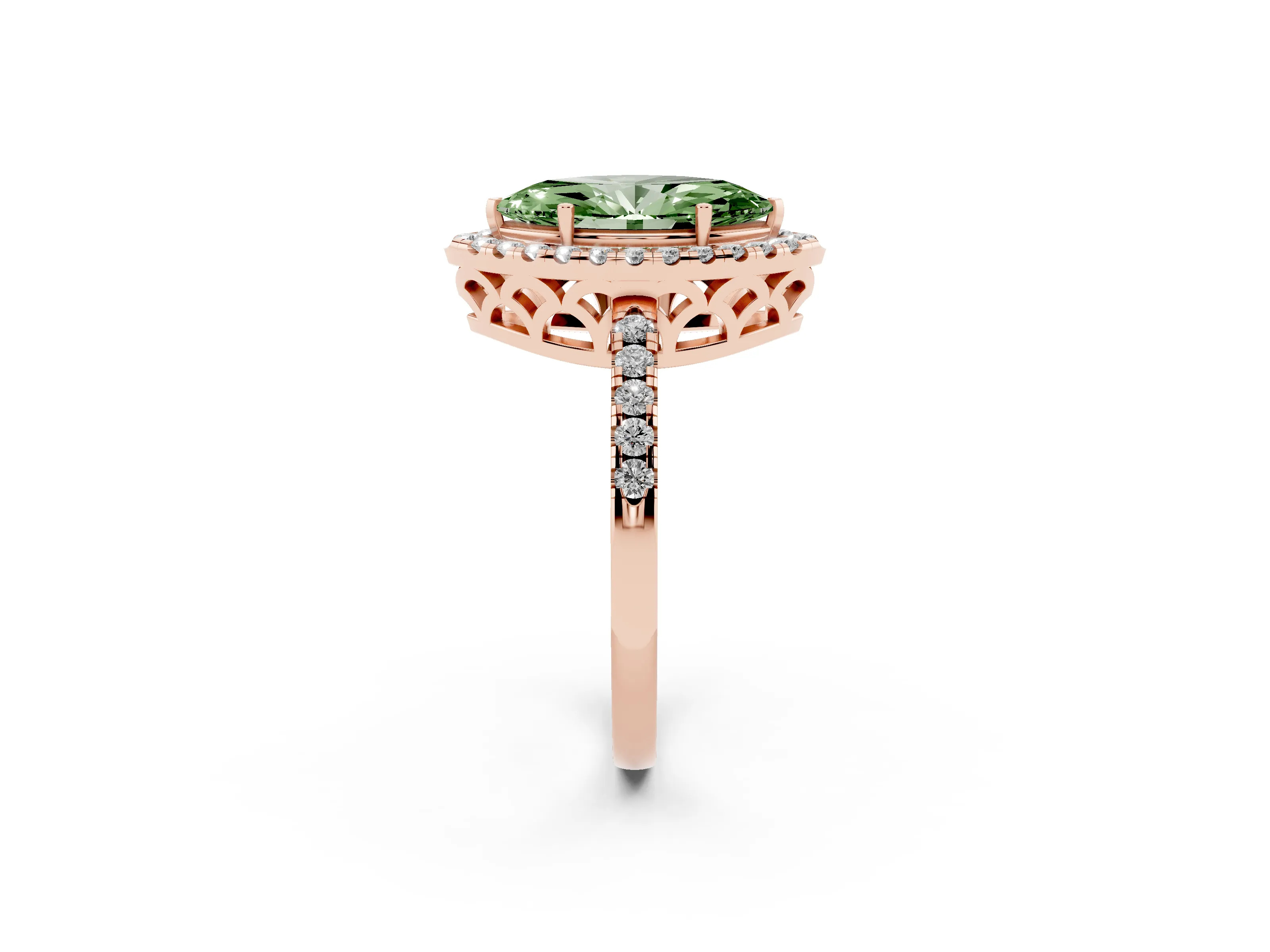 Fancy Green Marquise Cut Diamond Pavé Band Halo Engagement Ring Set in Rose gold with Prong Setting