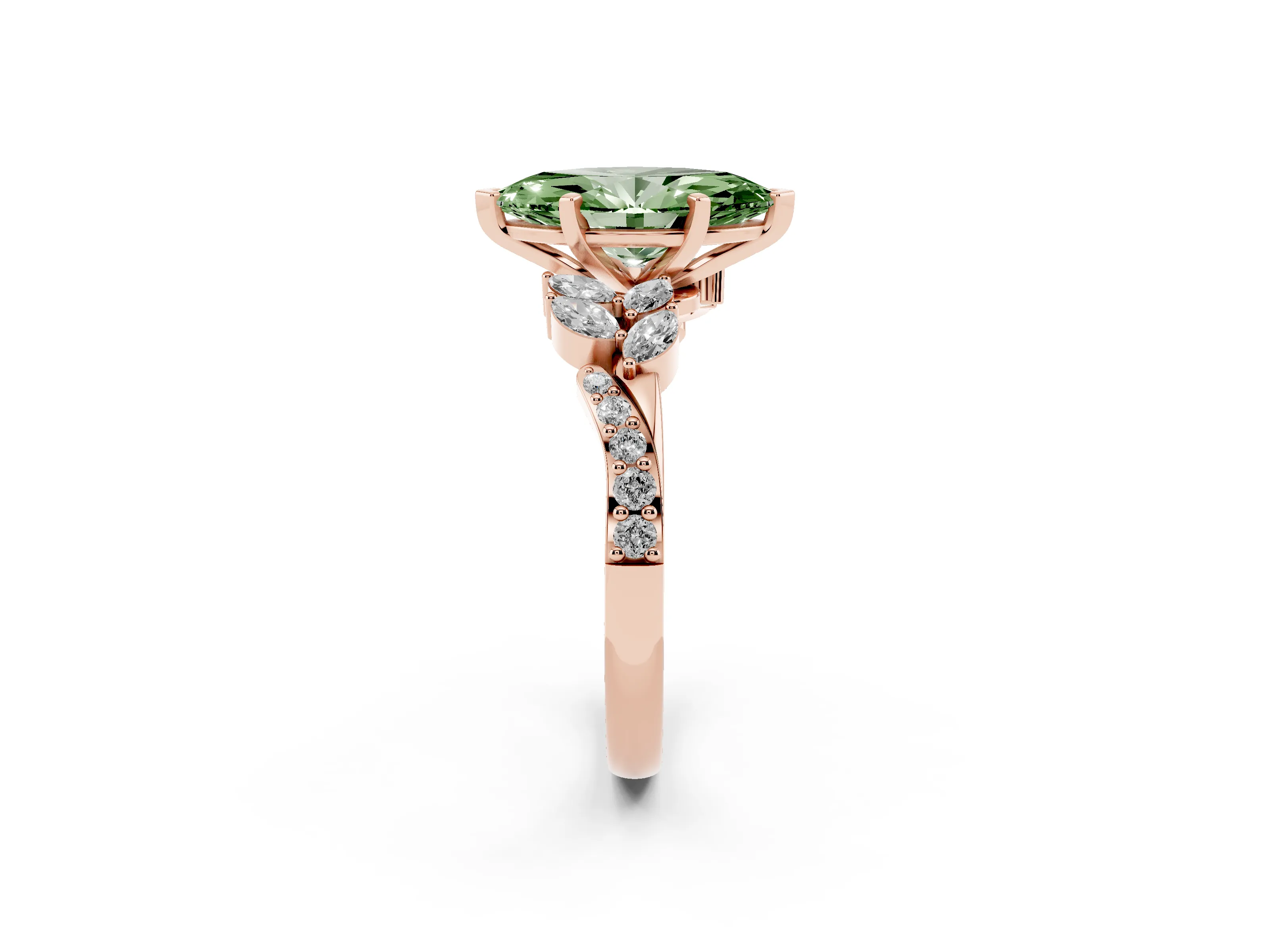 Fancy Green Marquise Cut Diamond Solitaire Ring Set in Rose gold with Marquise Twist Band and Prong Setting