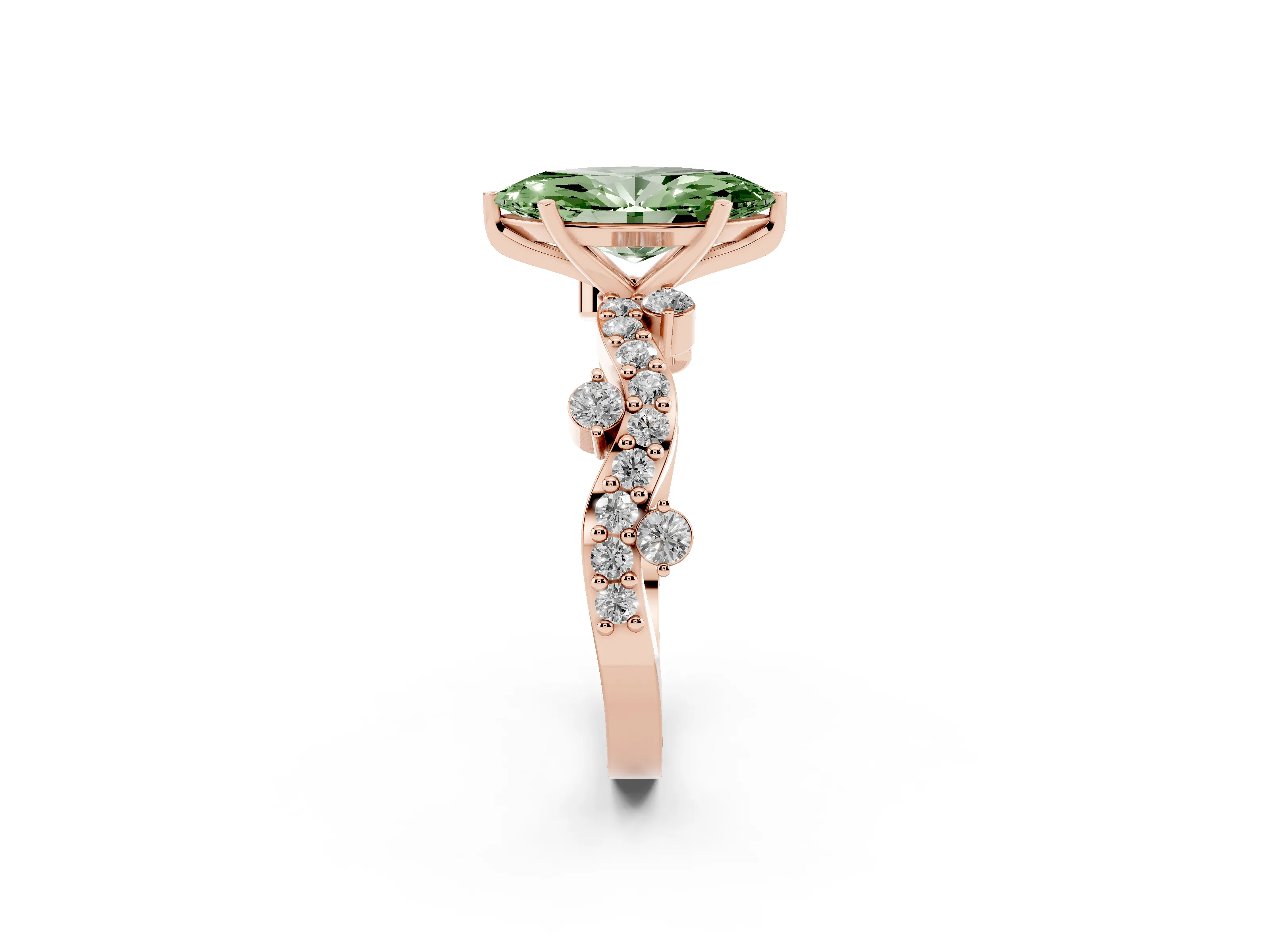 Fancy Green Marquise Cut Diamond Solitaire Twisted Band Set in Rose gold with Pavé Setting