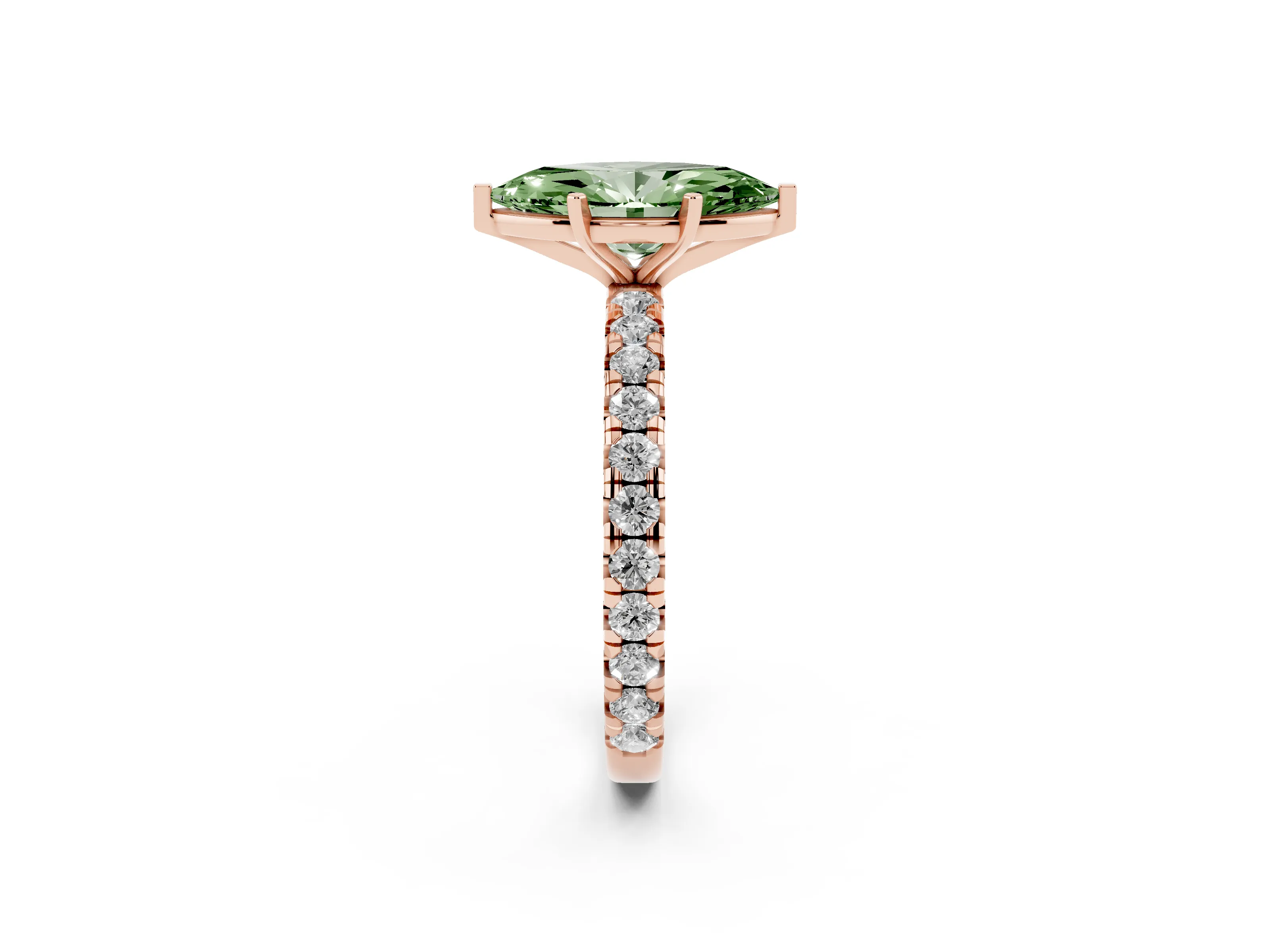 Fancy Green Marquise Cut Diamond Pavé Solitaire Ring Set in Rose gold with Round Band and Prong Setting