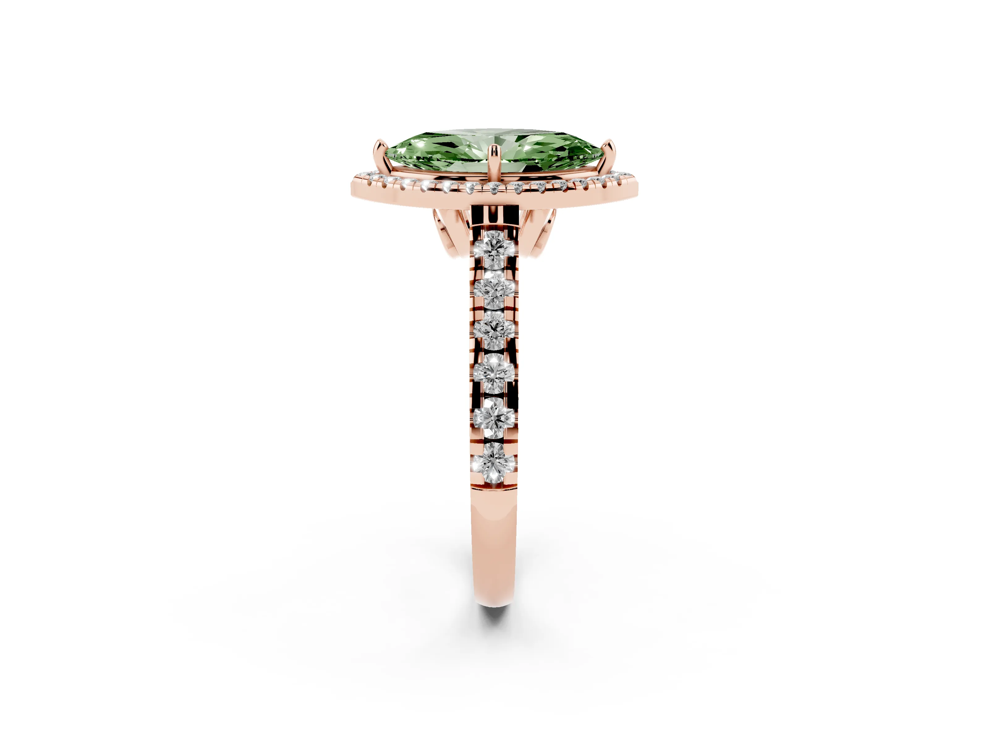 Fancy Green Marquise Cut Diamond Halo Engagement Ring Set in Rose gold with Pavé Band and Prong-Set Center