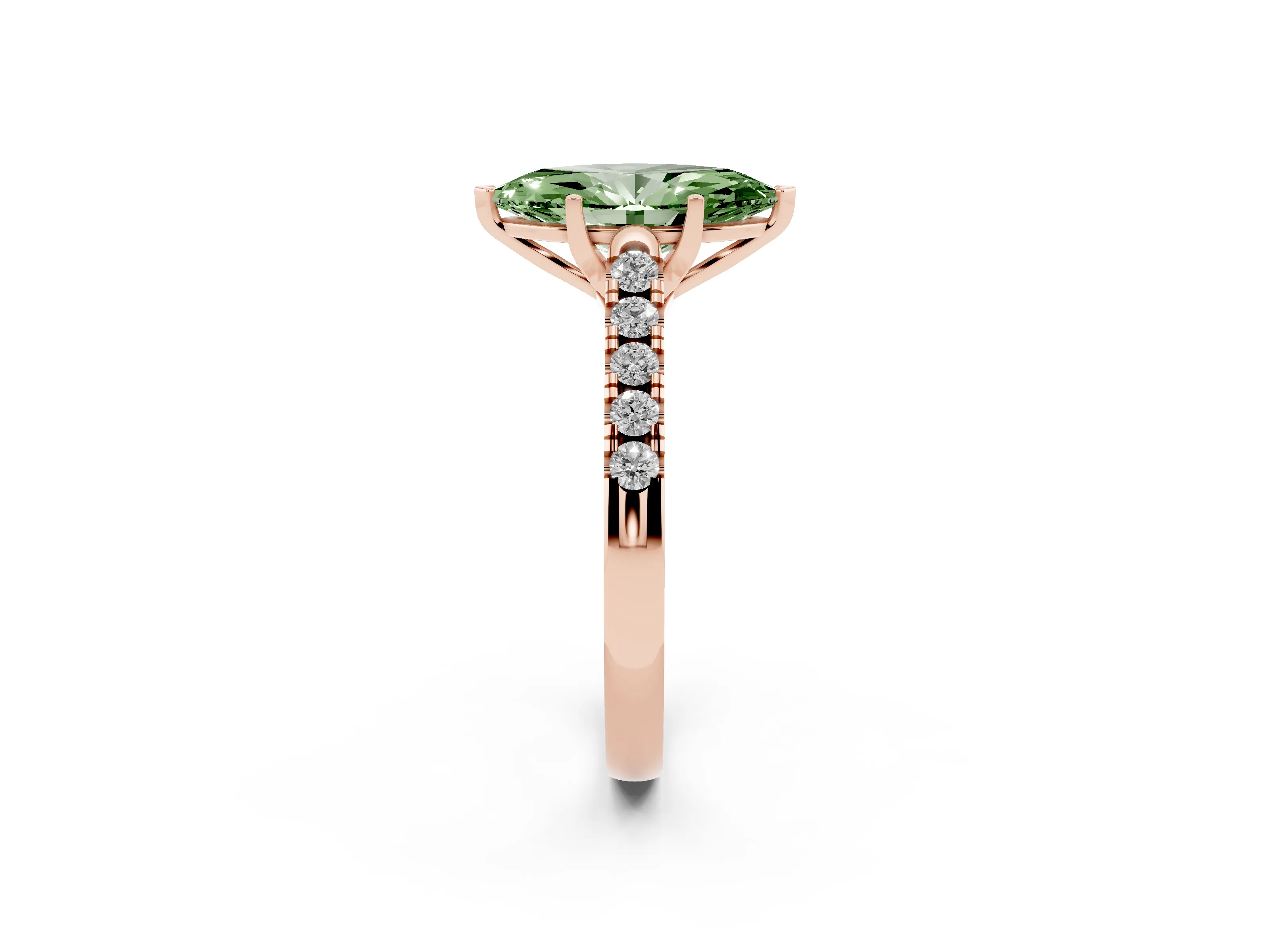 Fancy Green Marquise Cut Diamond Pavé Band Solitaire Ring Set in Rose gold with Partway Accent Stones and Prong Setting