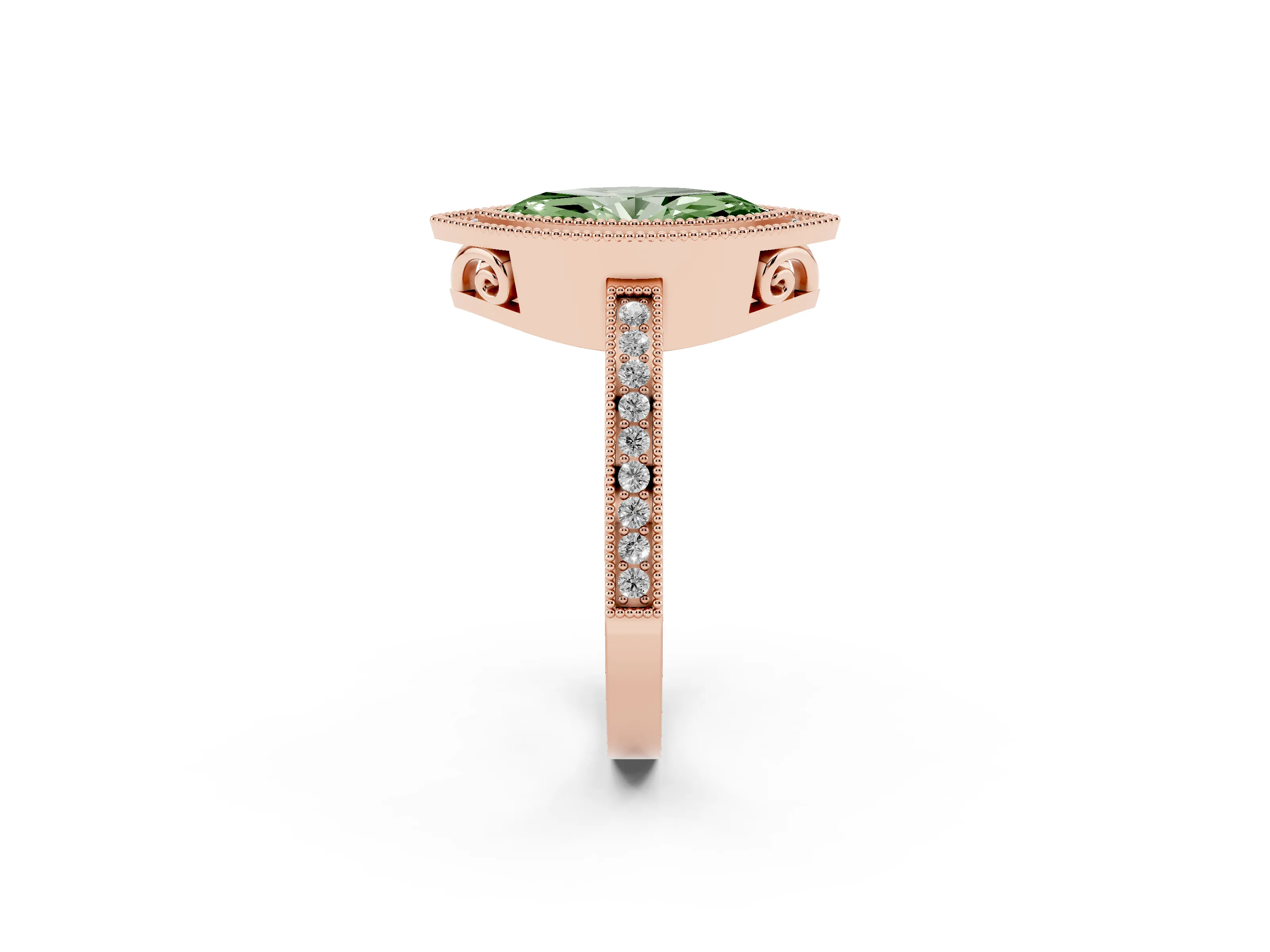 Fancy Green Marquise Cut Diamond Halo Ring Set in Rose gold with Pavé Band and Milgrain-Edged Prongs