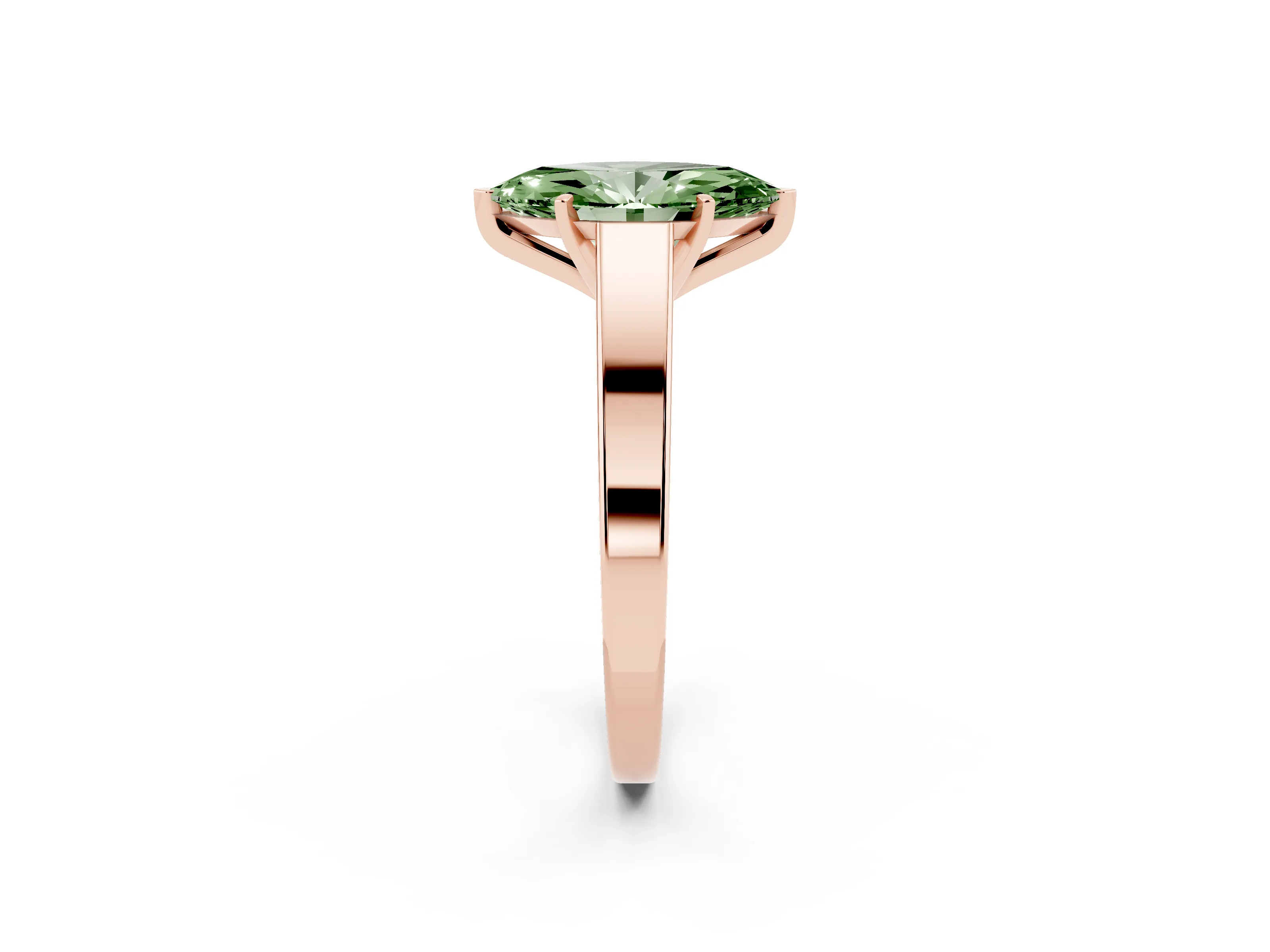 Fancy Green Marquise Cut Diamond Solitaire Engagement Ring Set in Rose gold with Prong Setting and Tapered Band