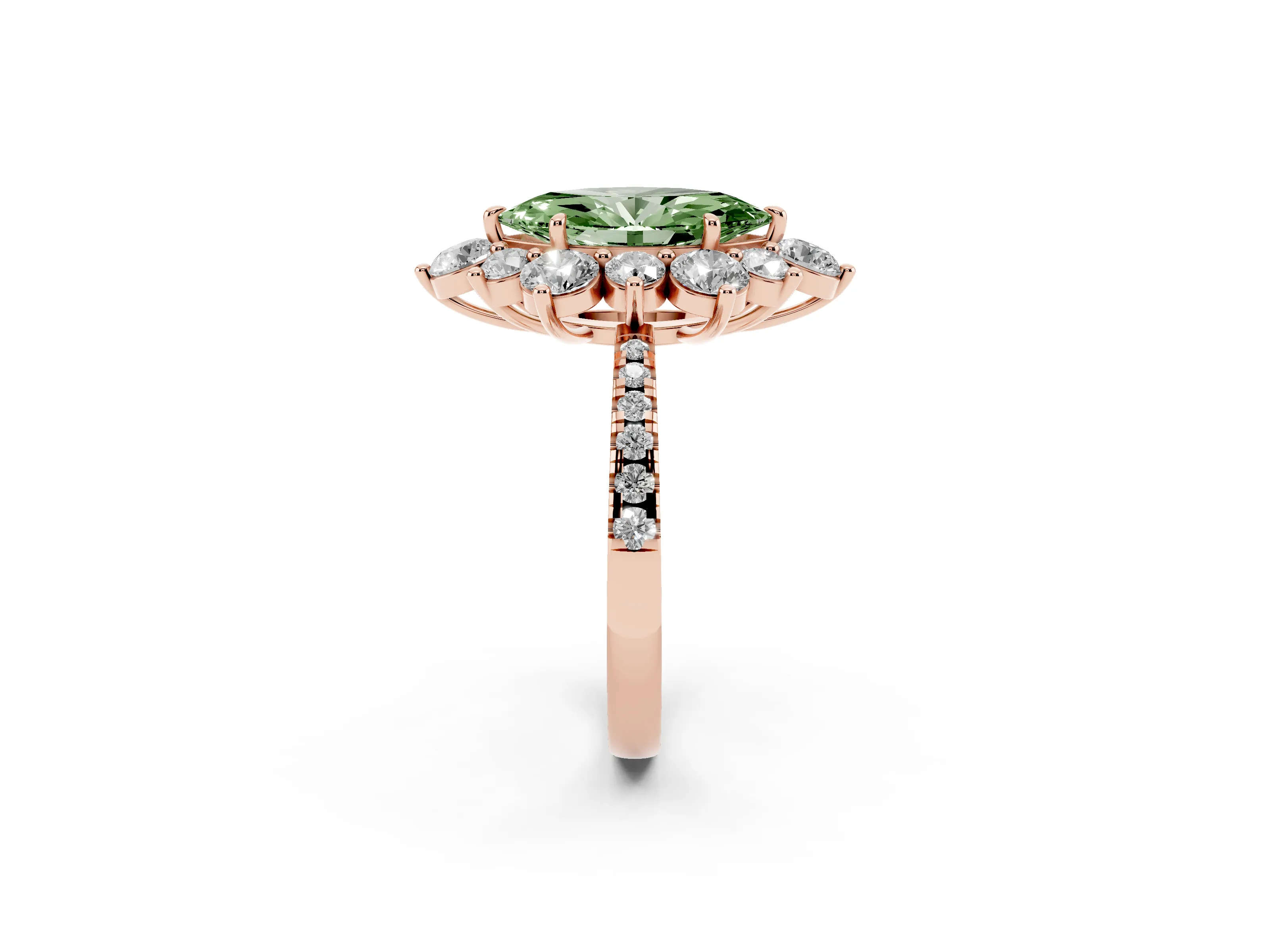 Fancy Green Marquise Cut Diamond Floral Halo Ring Set in Rose gold with Round Pavé Band and Prong Setting