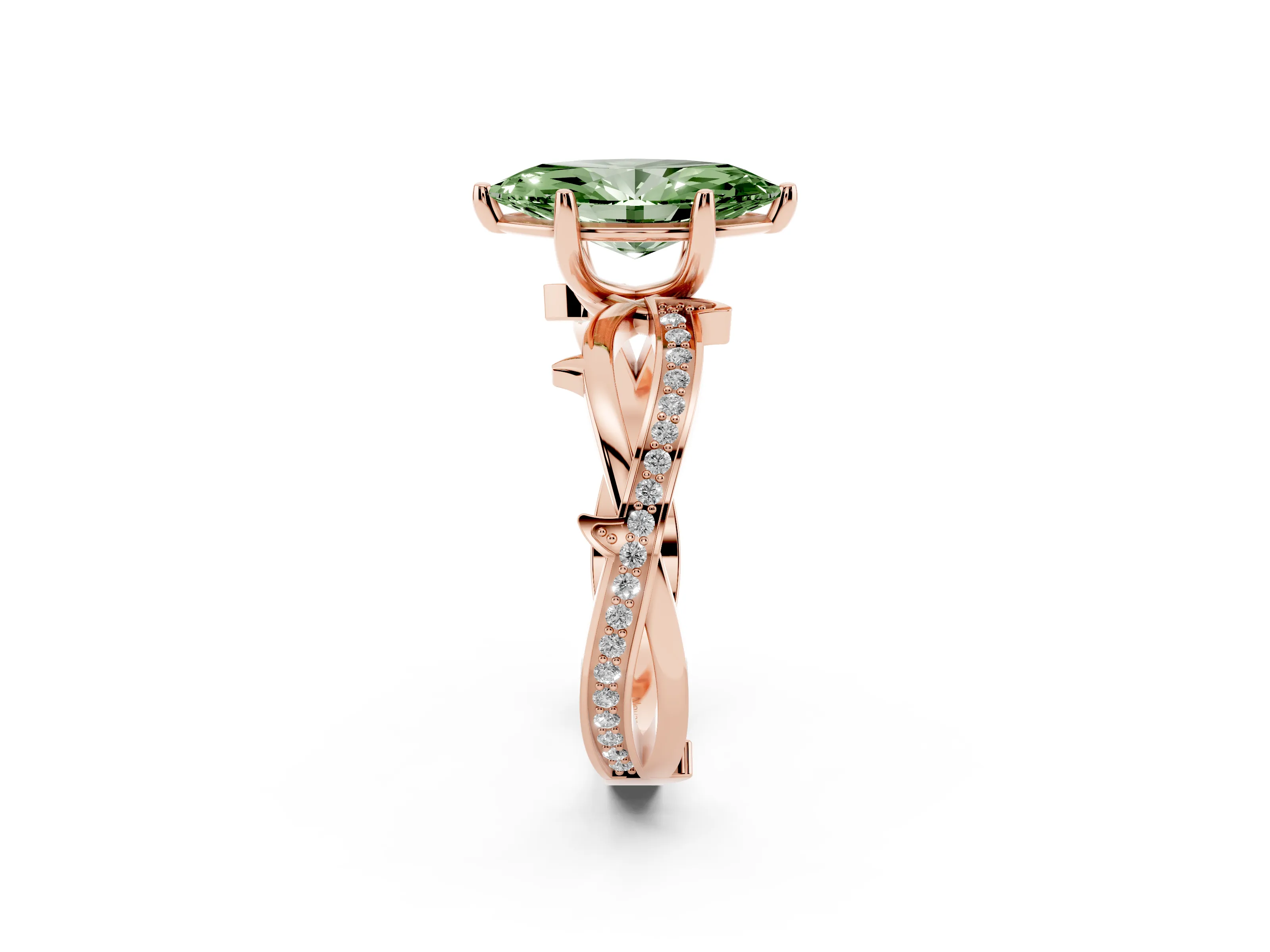 Fancy Green Marquise Cut Diamond Pavé Twist Band Solitaire Ring Set in Rose gold with Prong Setting