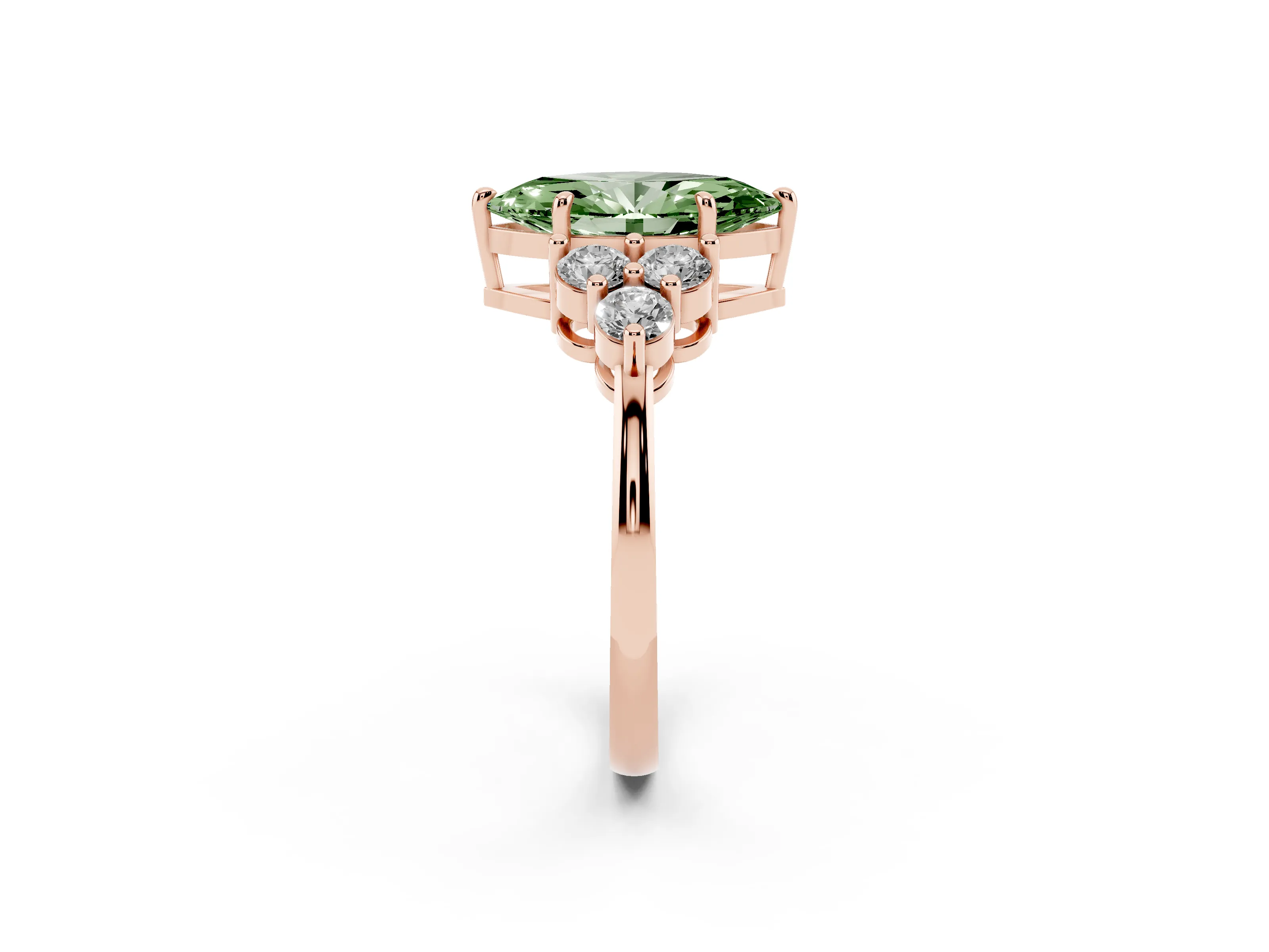 Fancy Green Marquise Cut Diamond Solitaire Ring Set in Rose gold with Cluster Accents on Each Side