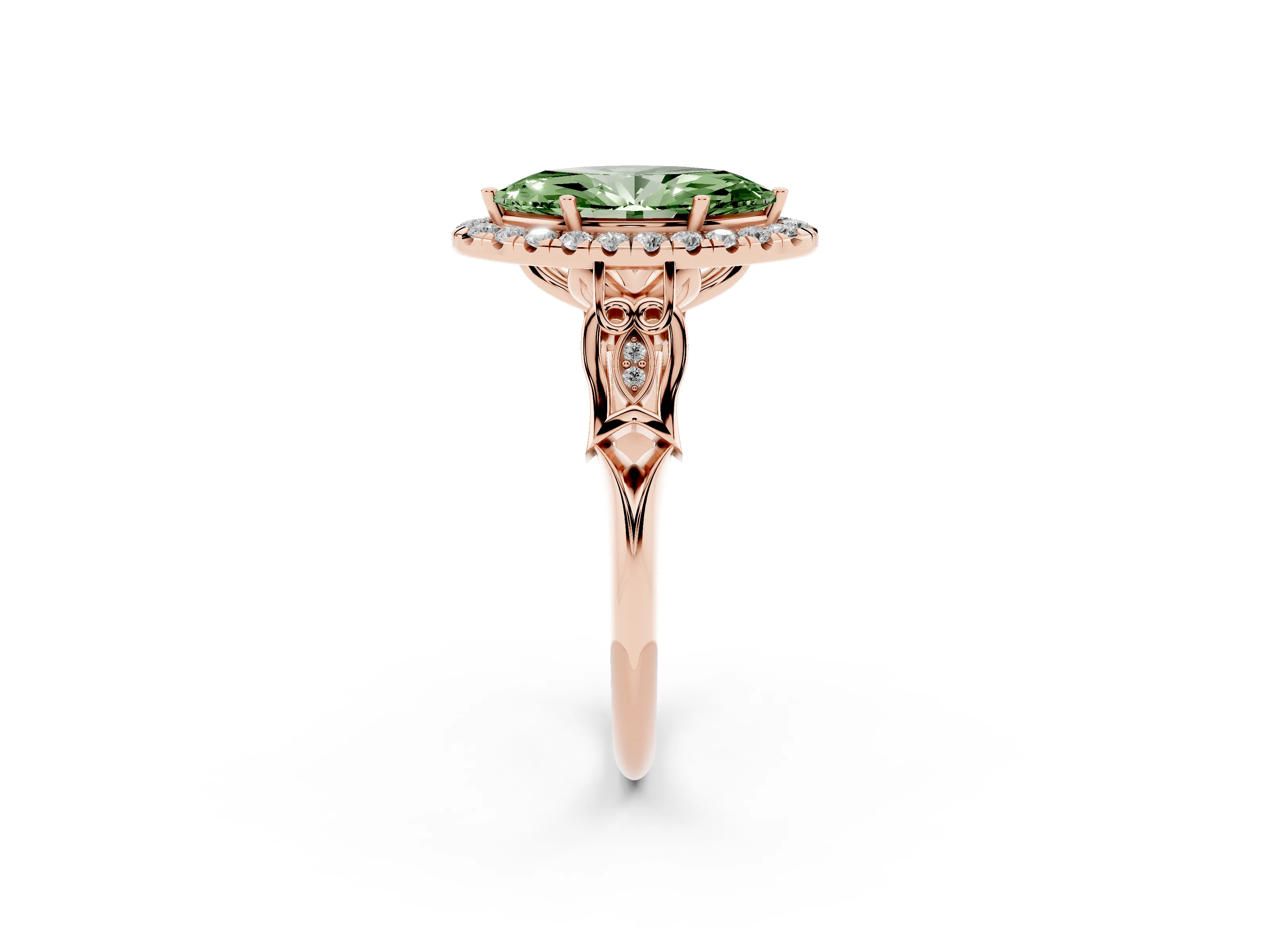 Fancy Green Marquise Cut Diamond Halo Engagement Ring Set in Rose gold with Filigree Band and Prong-Set Center
