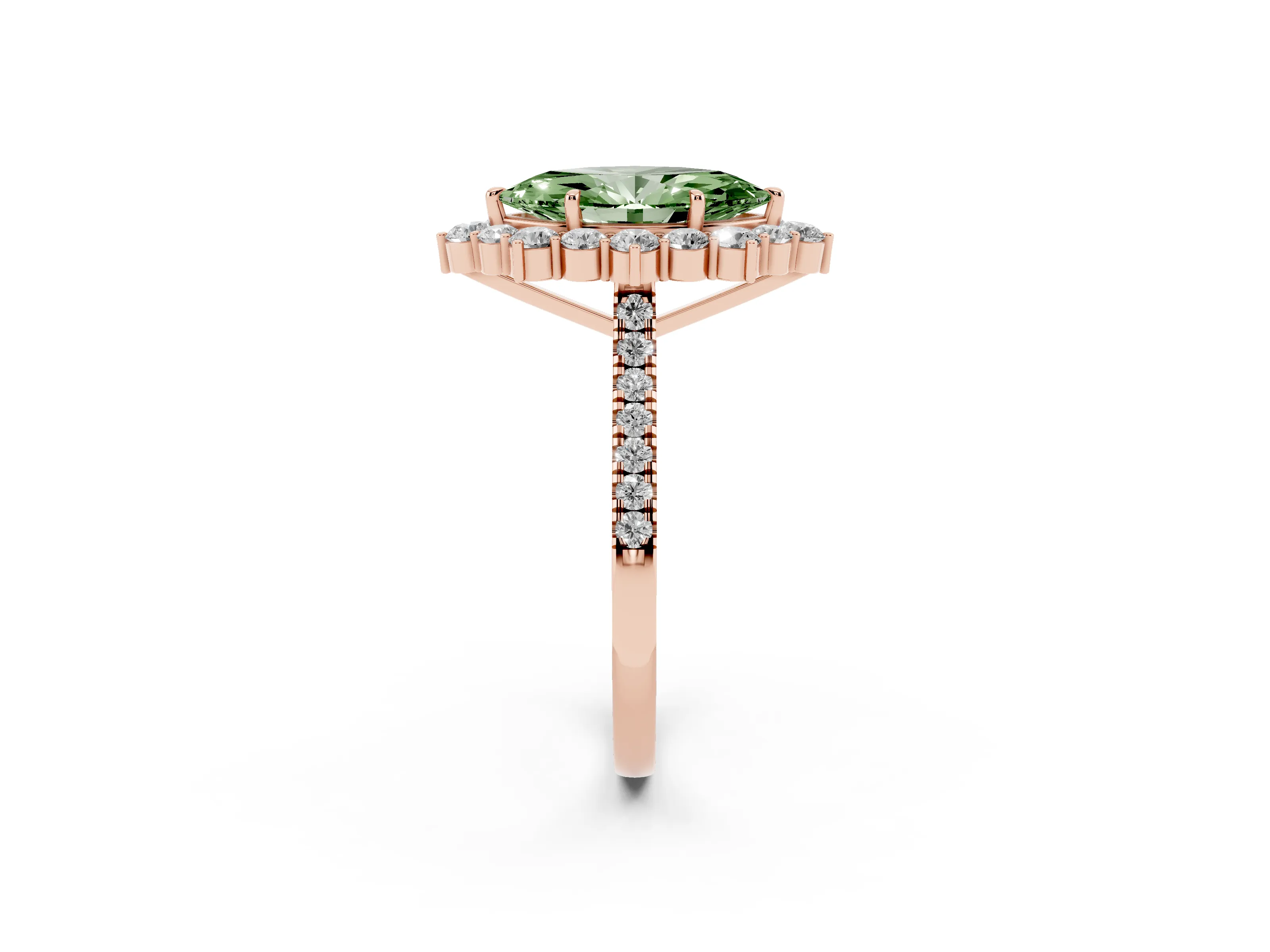 Fancy Green Marquise Cut Diamond Halo Ring Set in Rose gold with Pavé Band and Prong Setting