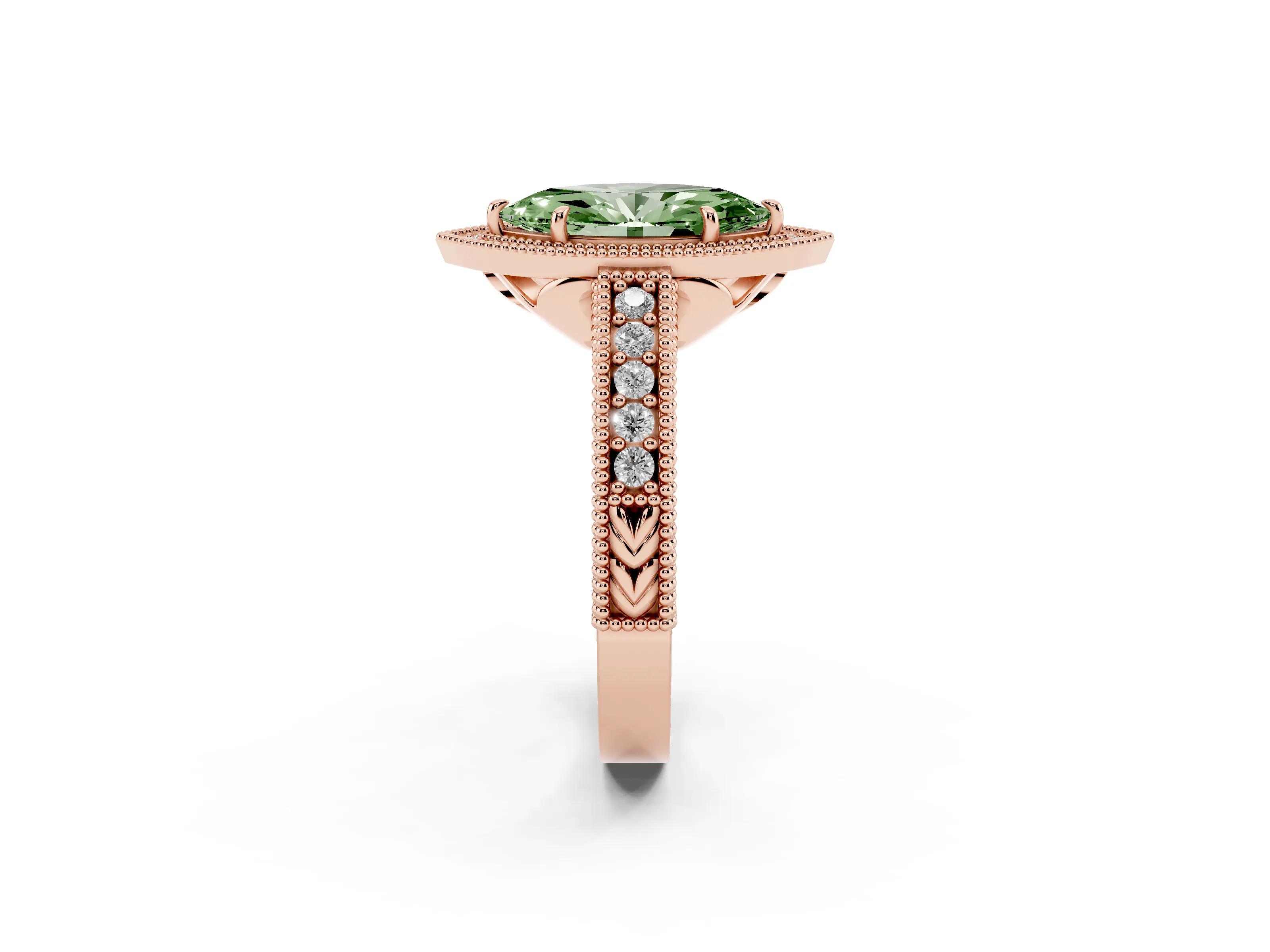 Fancy Green Marquise Cut Diamond Halo Ring Set in Rose gold with Round Accent Halo, Pavé Band and Prong Setting