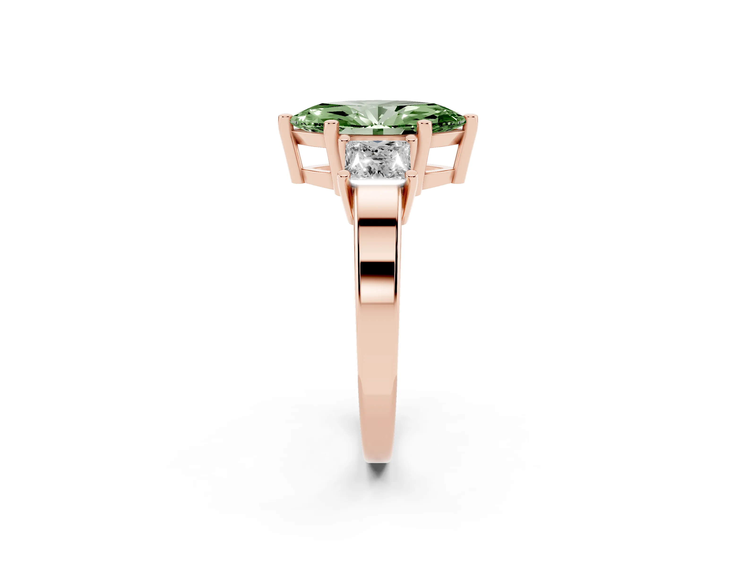 Fancy Green Three-Stone Marquise Cut Diamond Solitaire Ring Set in Rose gold with Prong Setting