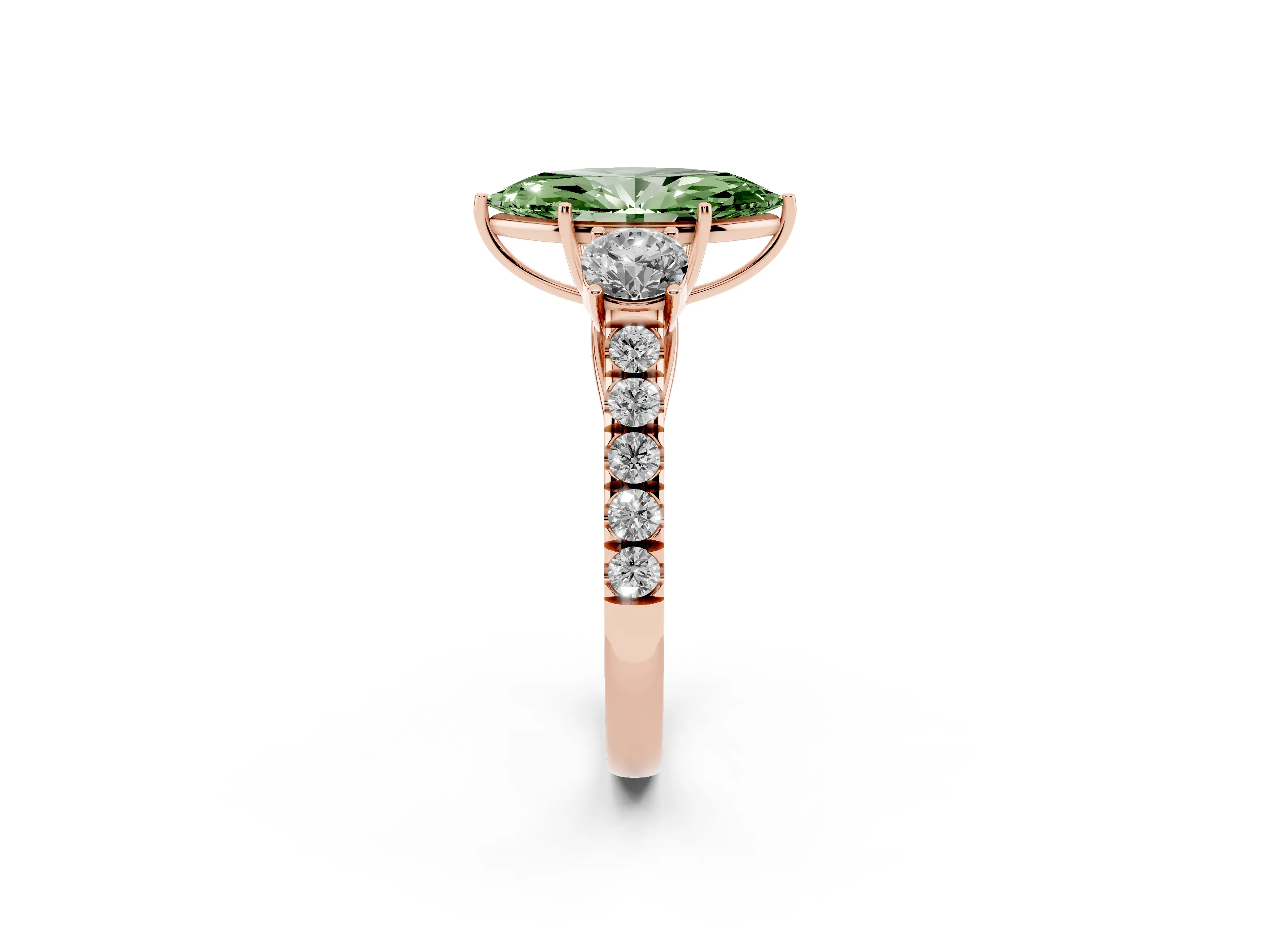 Fancy Green Marquise Cut Diamond Three-Stone Ring Set in Rose gold with Round Side Stones and Delicate Pavé Band
