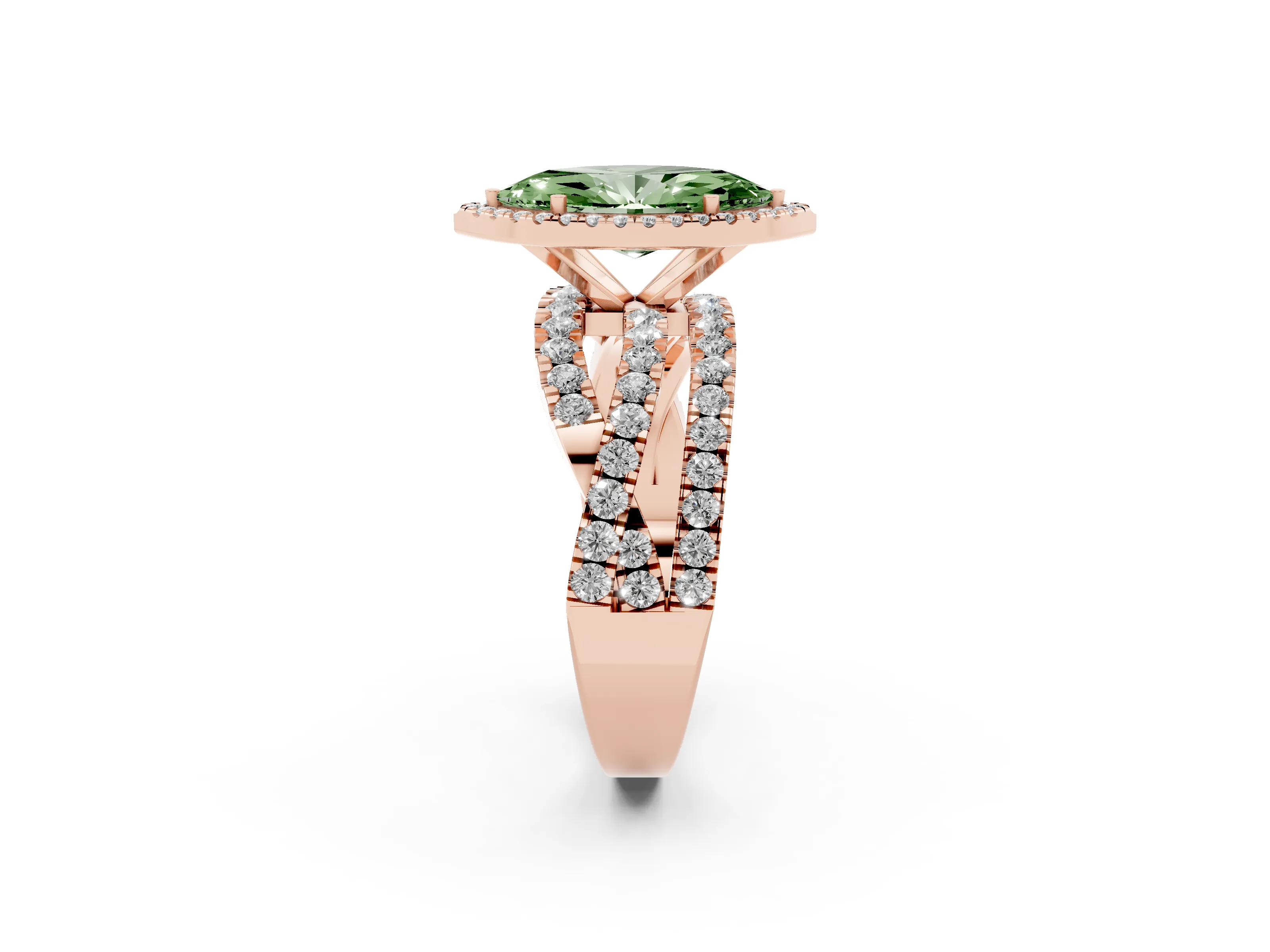 Fancy Green Marquise Cut Diamond Halo Ring Set in Rose gold with Round Crossover Split Shank and Prong Setting