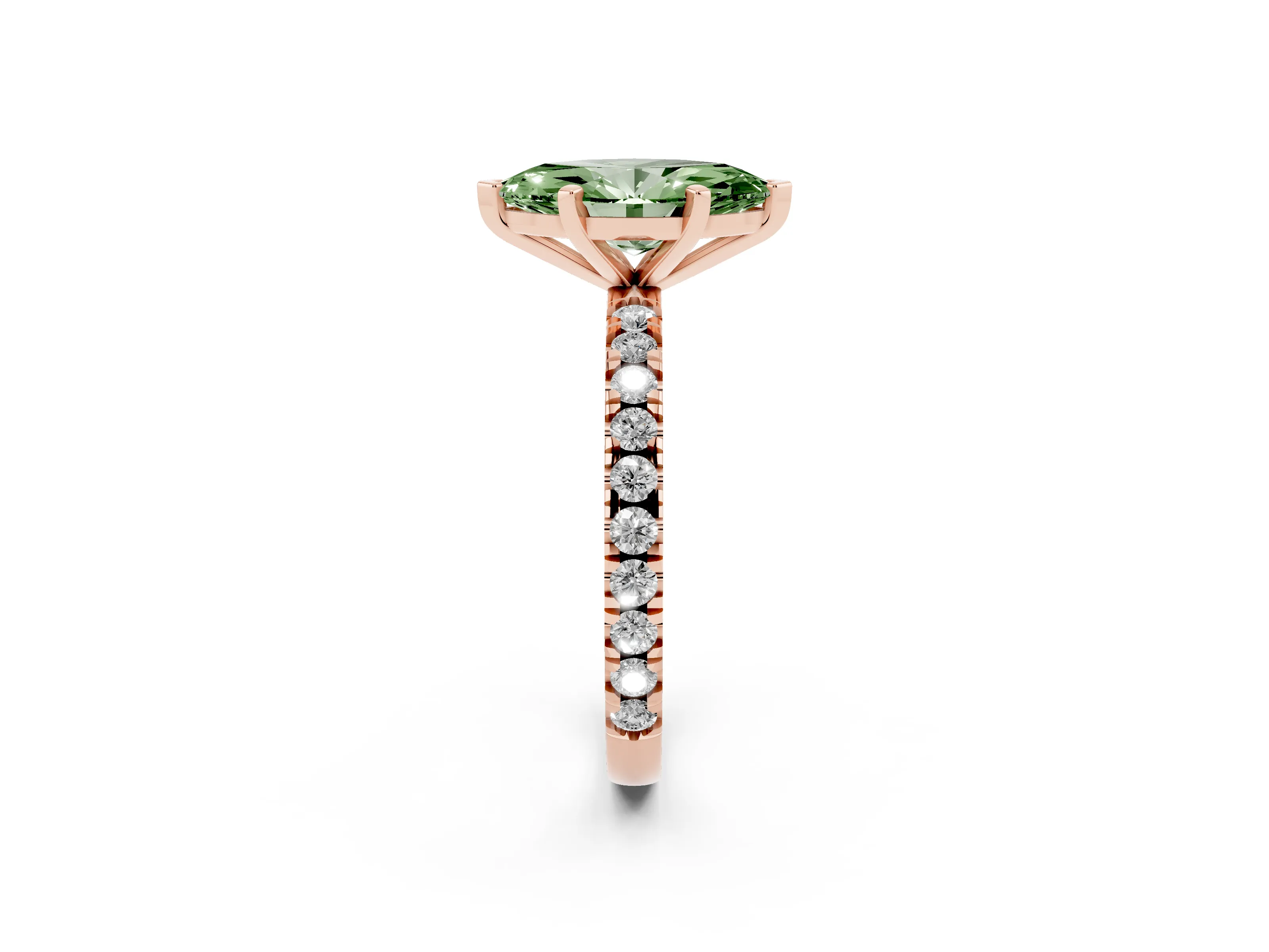 Fancy Green Marquise Cut Diamond Pavé Band Solitaire Set in Rose gold with Prong Setting