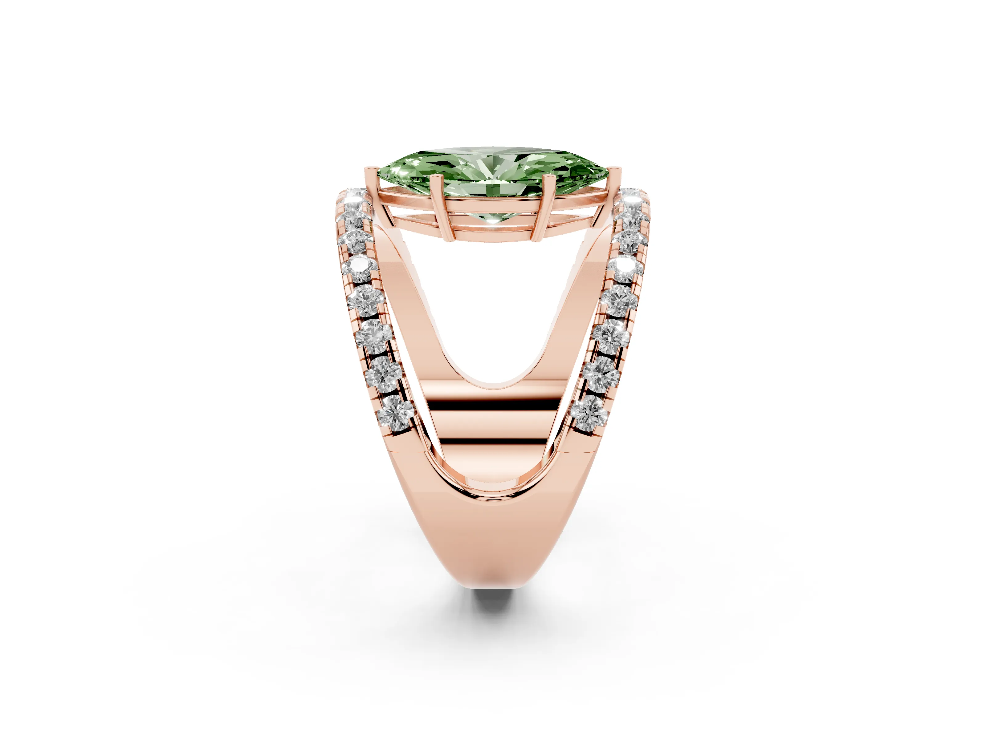 Fancy Green Marquise Cut Diamond Split Shank Pavé Solitaire Ring Set in Rose gold with Open Shank Design