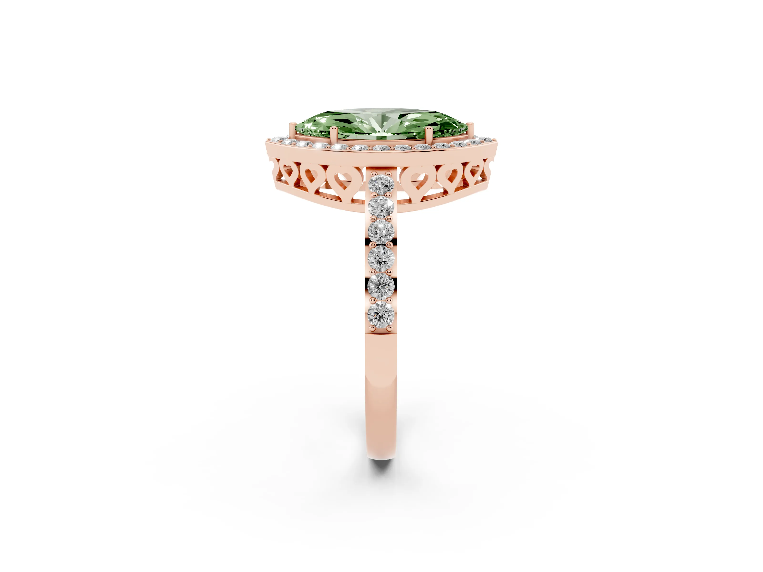 Fancy Green Marquise Cut Diamond Halo Ring Set in Rose gold with Pavé-Setting Band and Open Prong Center