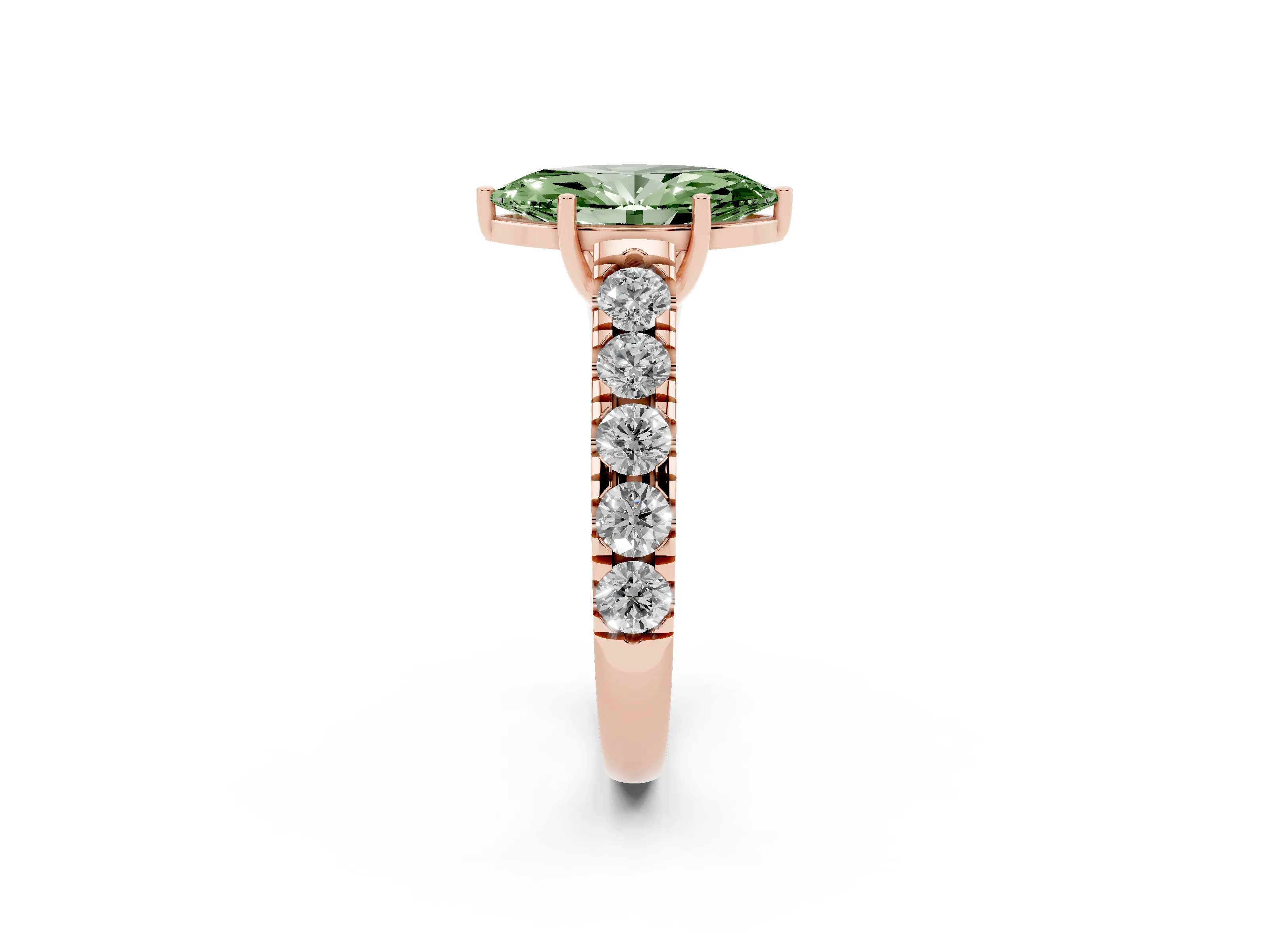 Fancy Green Marquise Cut Diamond Solitaire Ring Set in Rose gold with Cut-Down Micro Pavé Band and Prong Setting