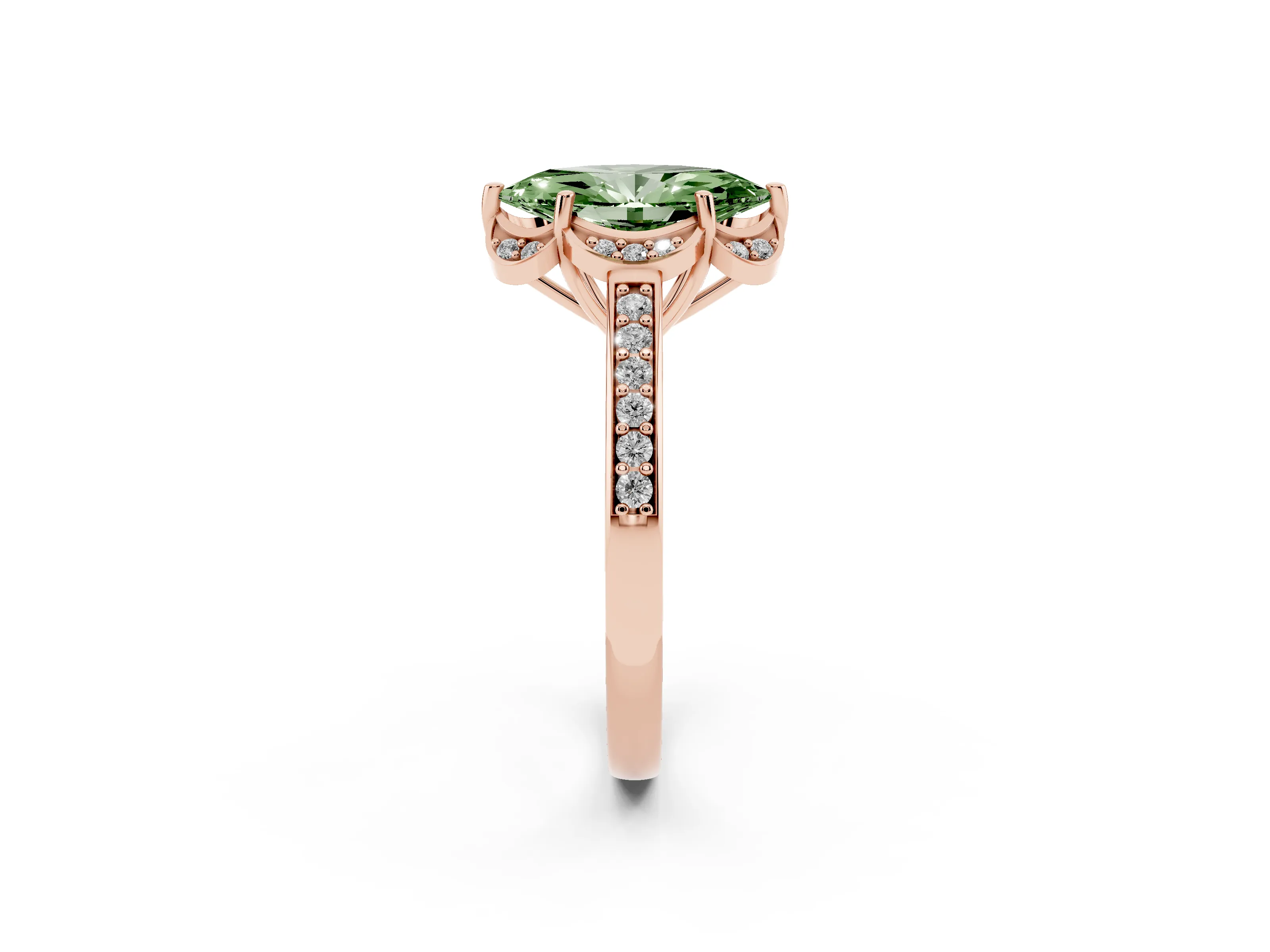 Fancy Green Marquise Cut Diamond Halo Ring Set in Rose gold with Channel Set Band and Prong Setting