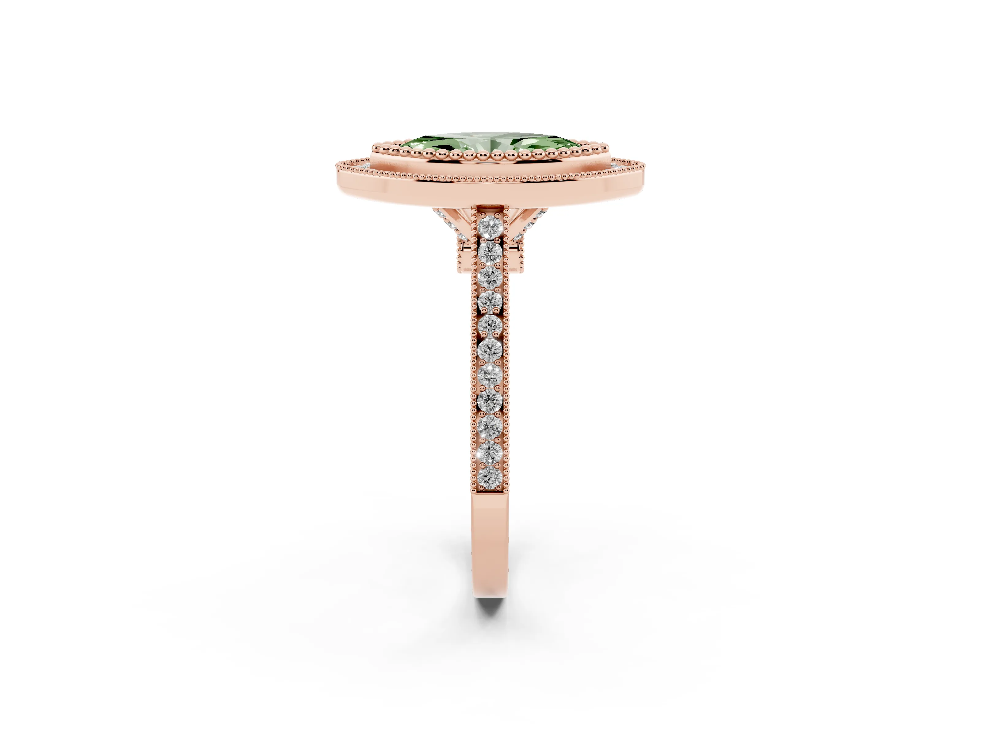 Fancy Green Marquise Cut Diamond Halo Ring Set in Rose gold with Milgrain Frame and Pavé Band