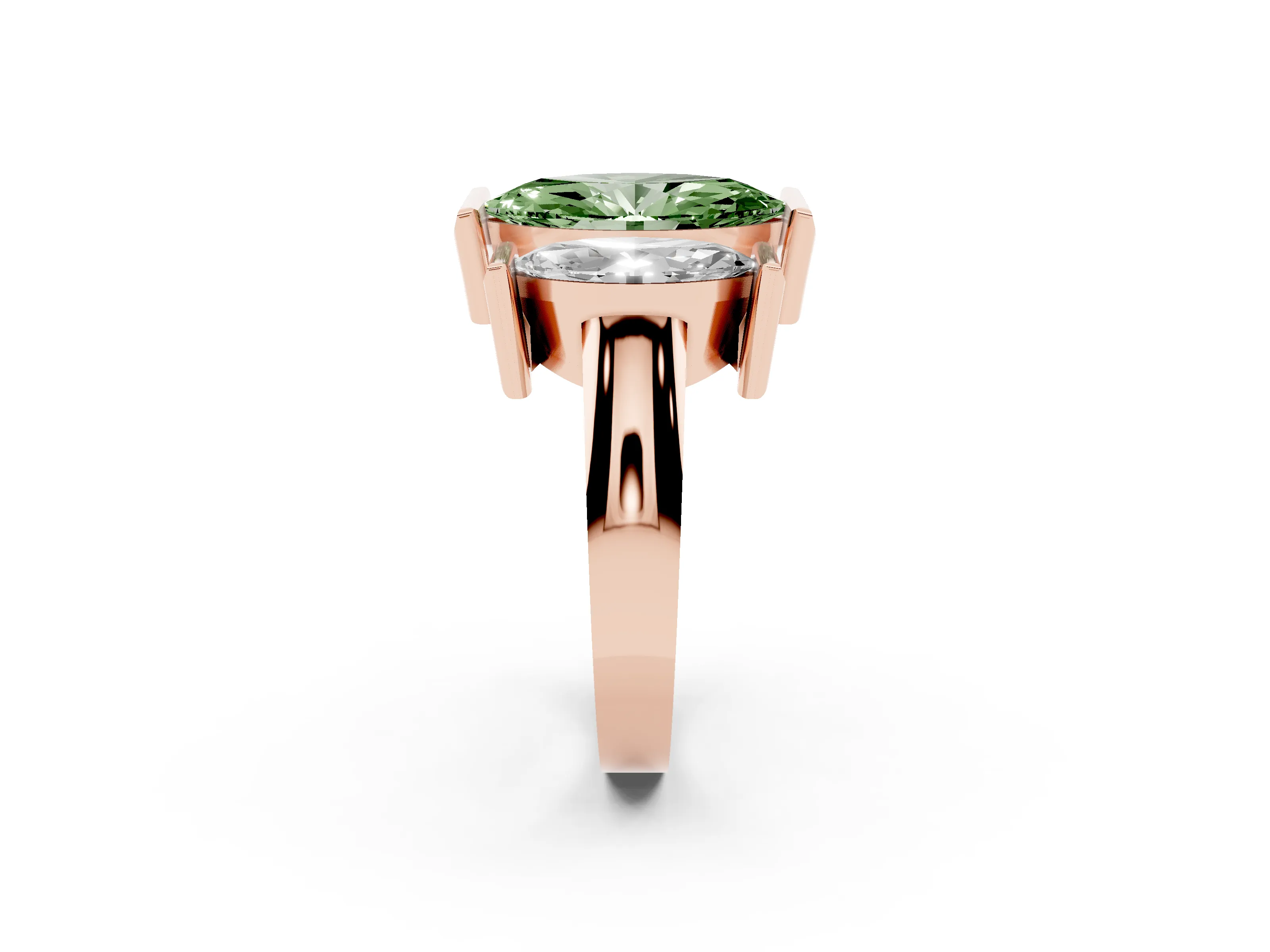 Fancy Green Marquise Cut Diamond Three-Stone Channel Set Ring Set in Rose gold with Smooth Polished Band