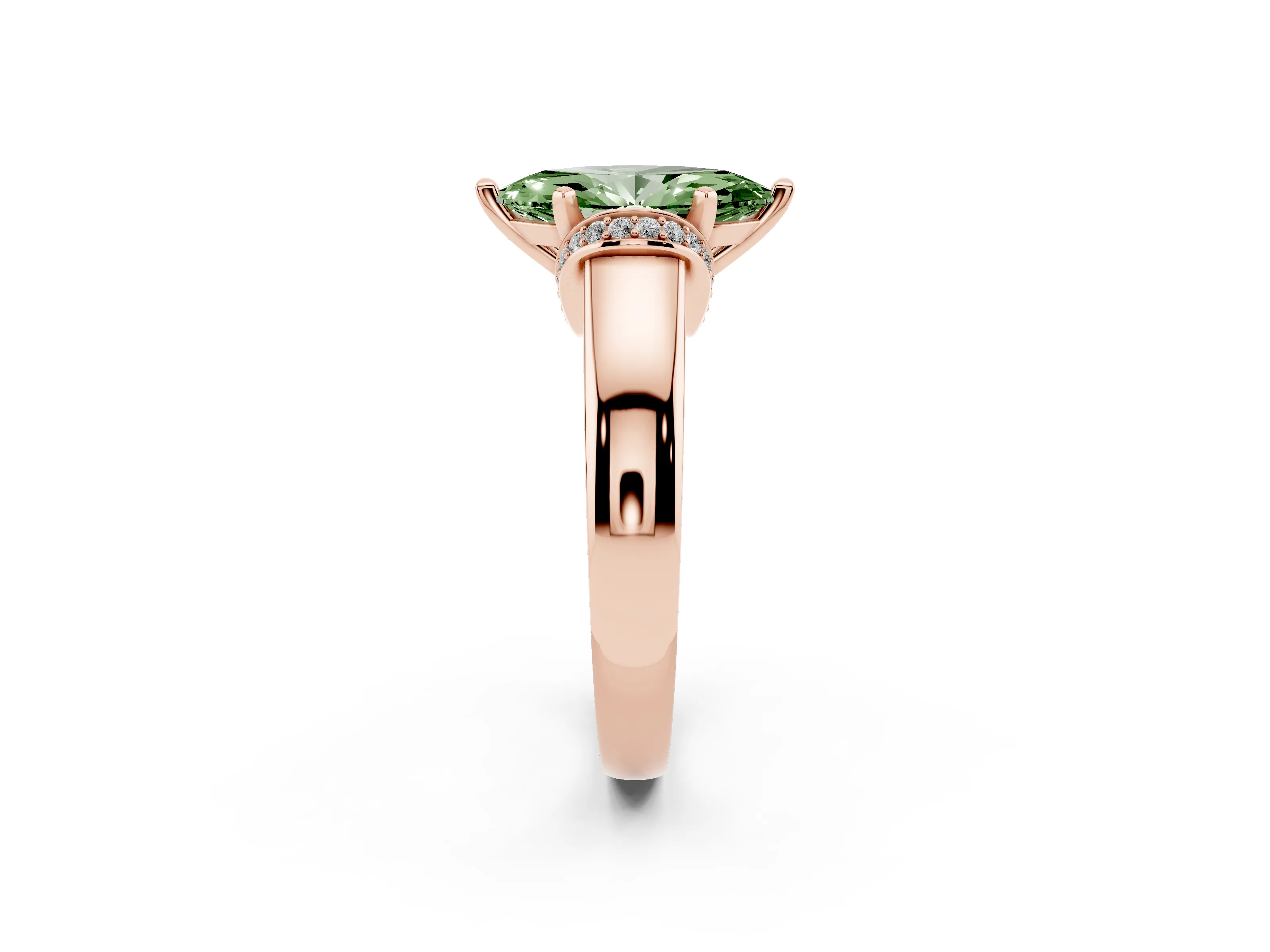 Fancy Green Marquise Cut Diamond Pavé Band Solitaire Ring Set in Rose gold with Prong Setting