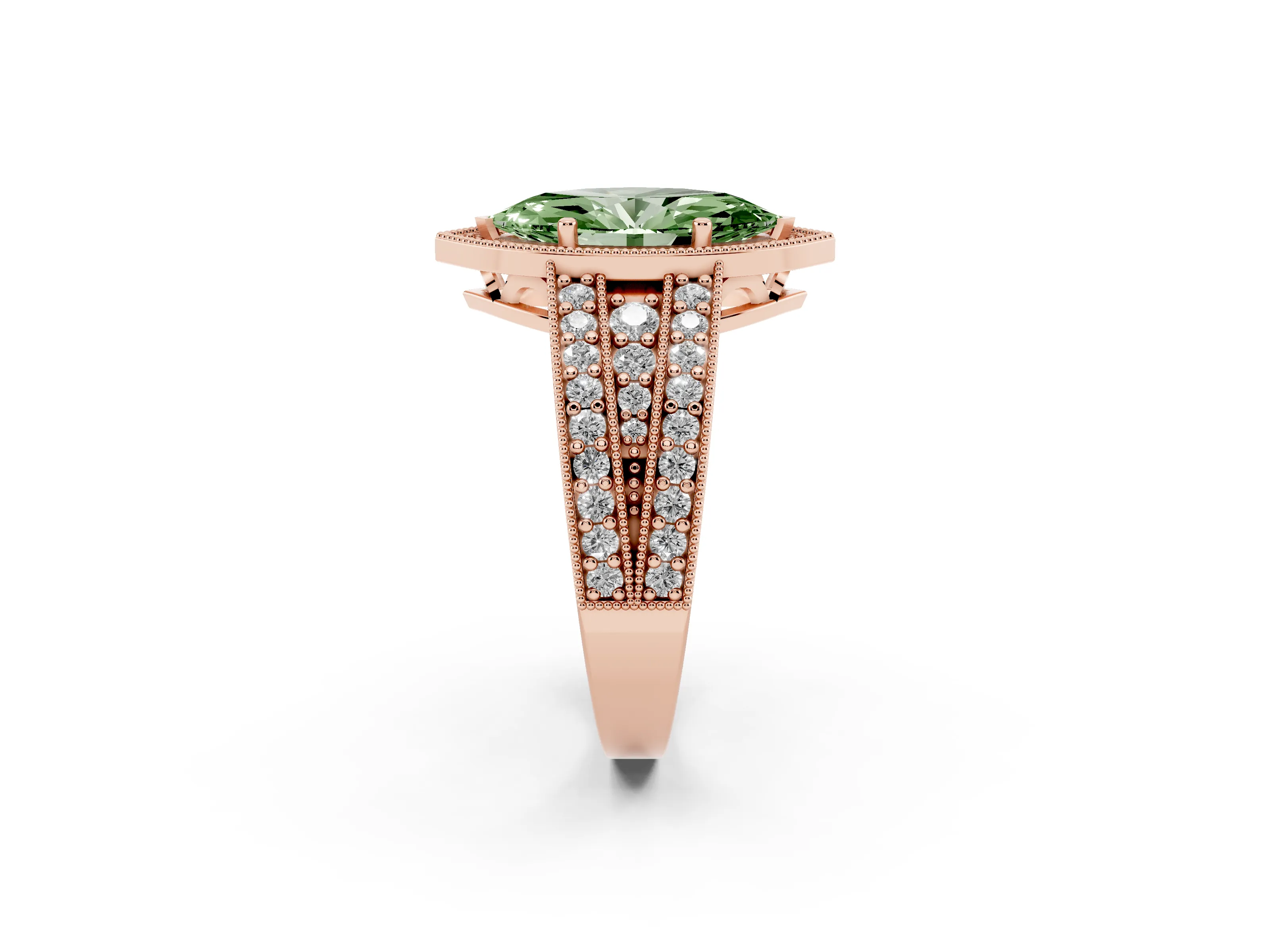 Fancy Green Marquise Cut Diamond Halo Ring Set in Rose gold with Accent Split Shank and Prong Setting