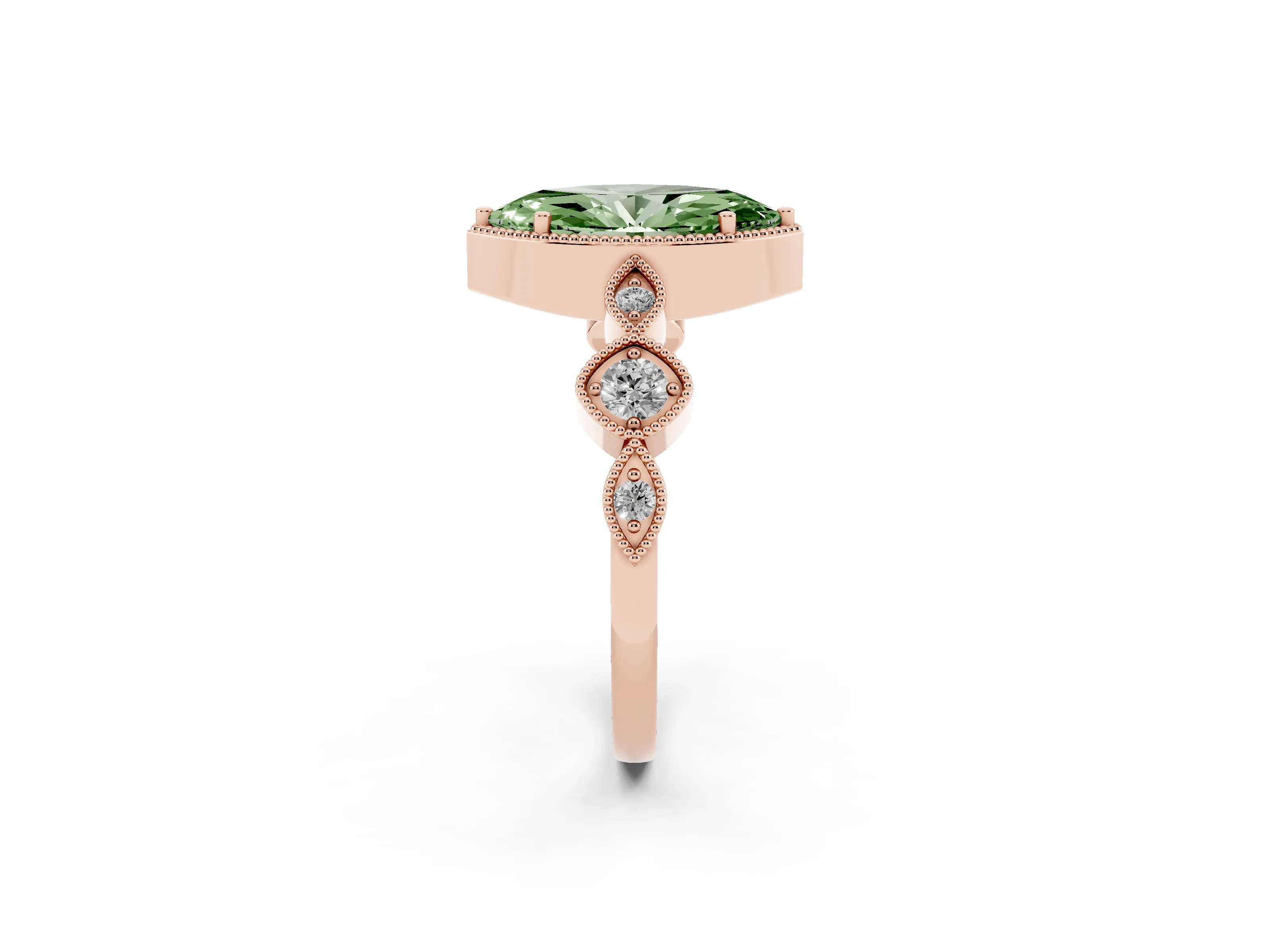 Fancy Green Marquise Cut Diamond Vintage-Inspired Milgrain Ring Set in Rose gold with Marquise Stations of Round Accents