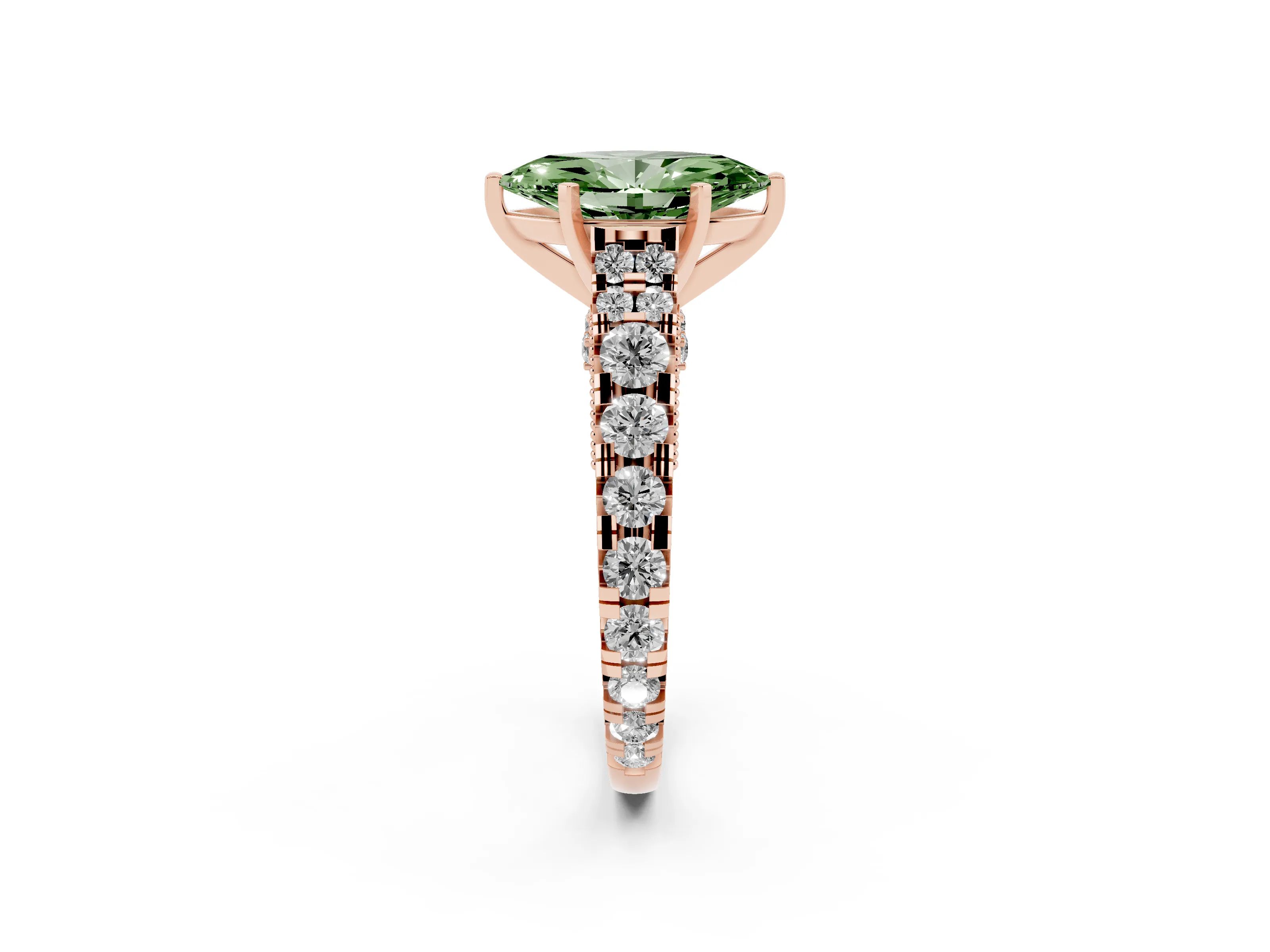 Fancy Green Marquise Cut Diamond Classic Solitaire Ring Set in Rose gold with Pavé Band and Prong Setting