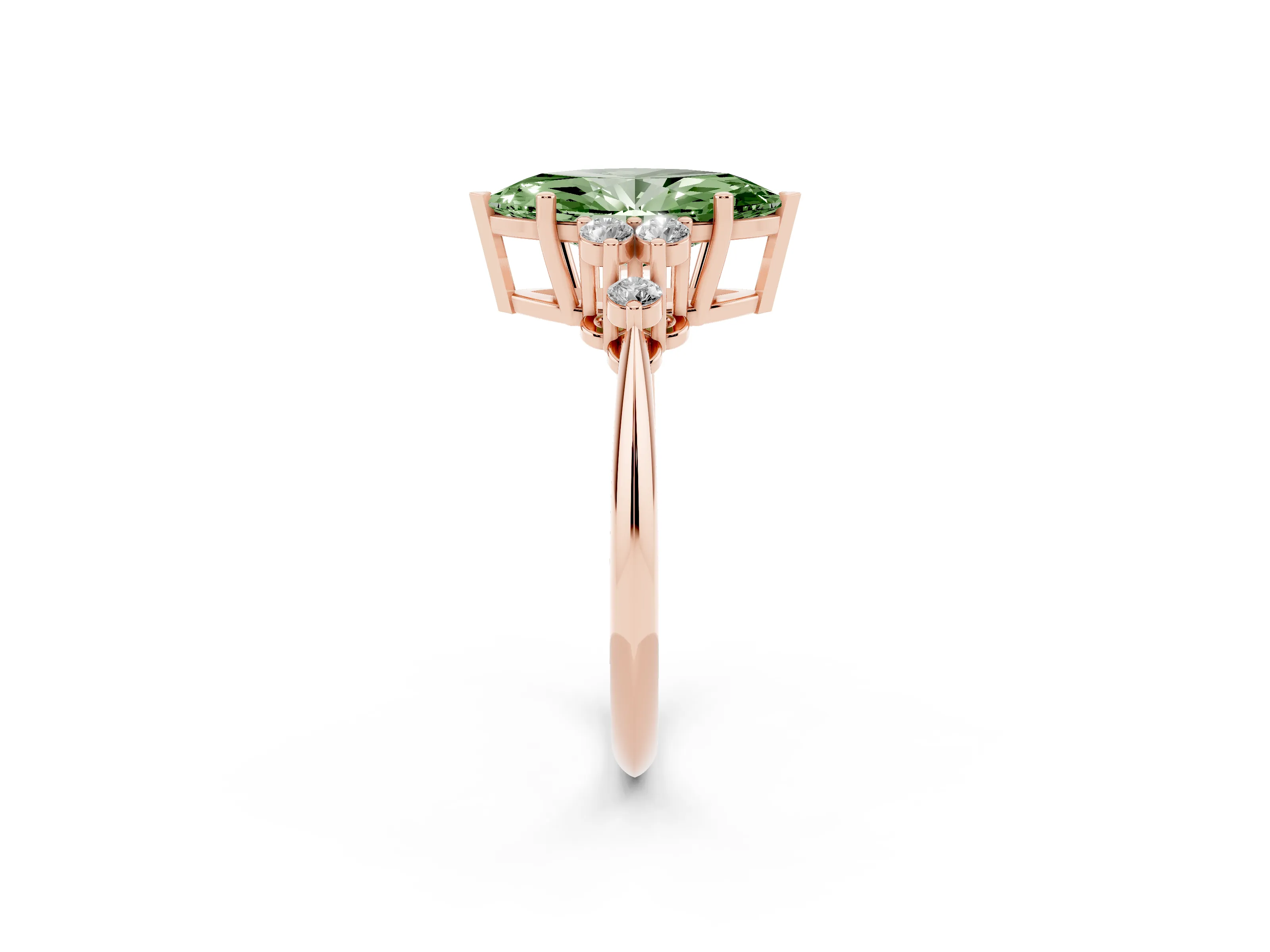 Fancy Green Marquise Cut Diamond Cluster Ring Set in Rose gold with Plain Band and Prong Setting
